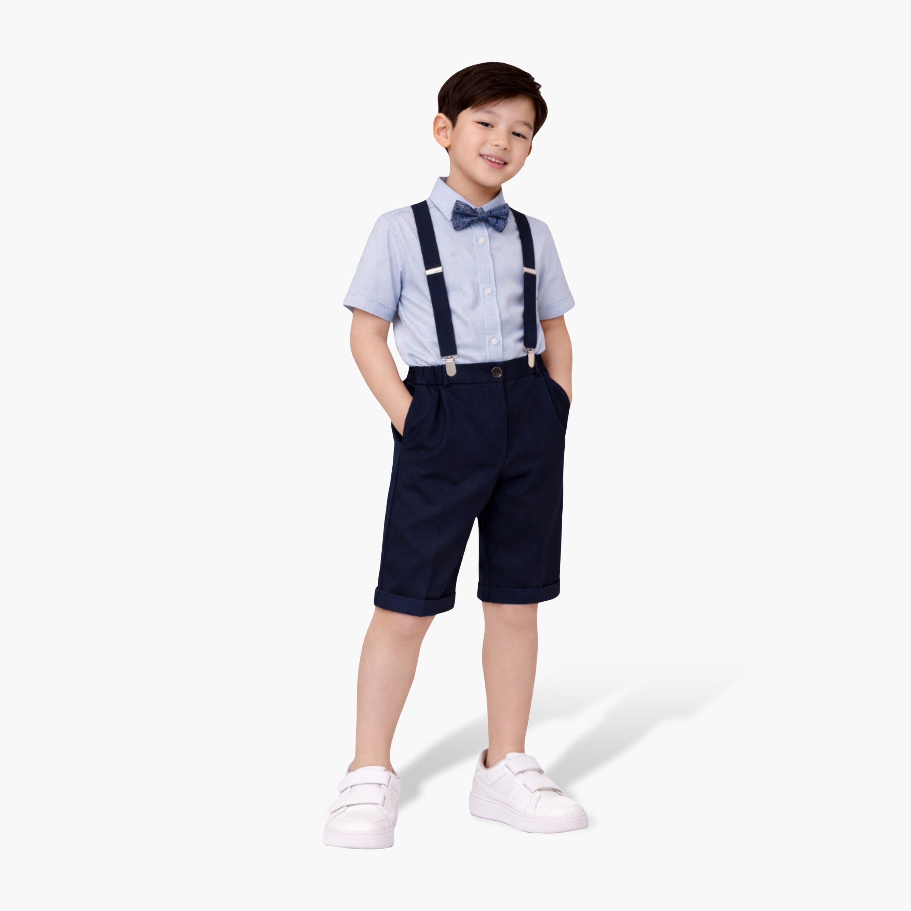 طقم رسمي مكون من قميص، شورت كحلي، حمالات وربطة عنق "بو تاي" من فيكتور آند جين-boys-clothing-setsandcoords-image-1