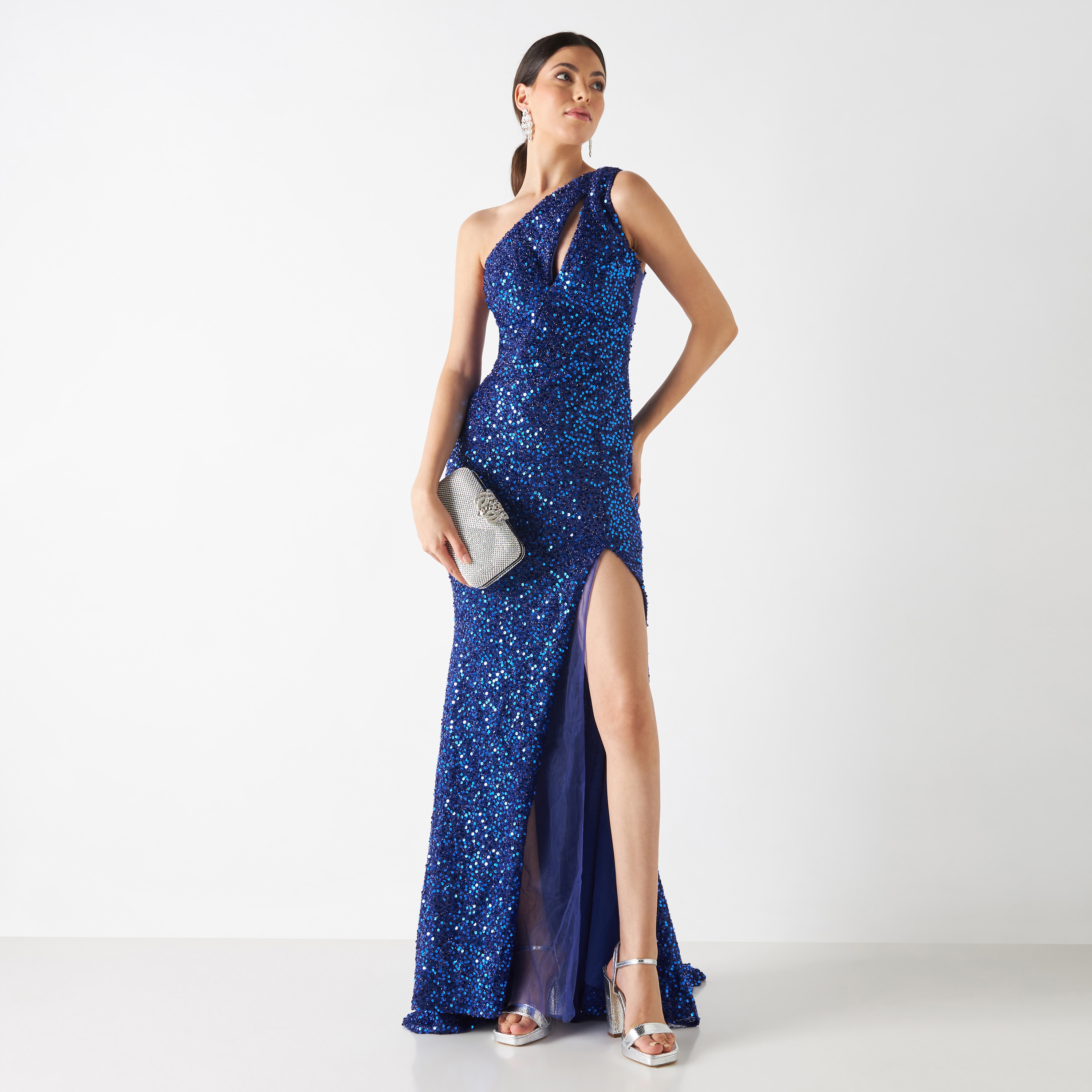 Skirt And Stiletto Sequin Embellished One Shoulder Maxi Dress with Slit Detail-women-clothing-dresses-image-2