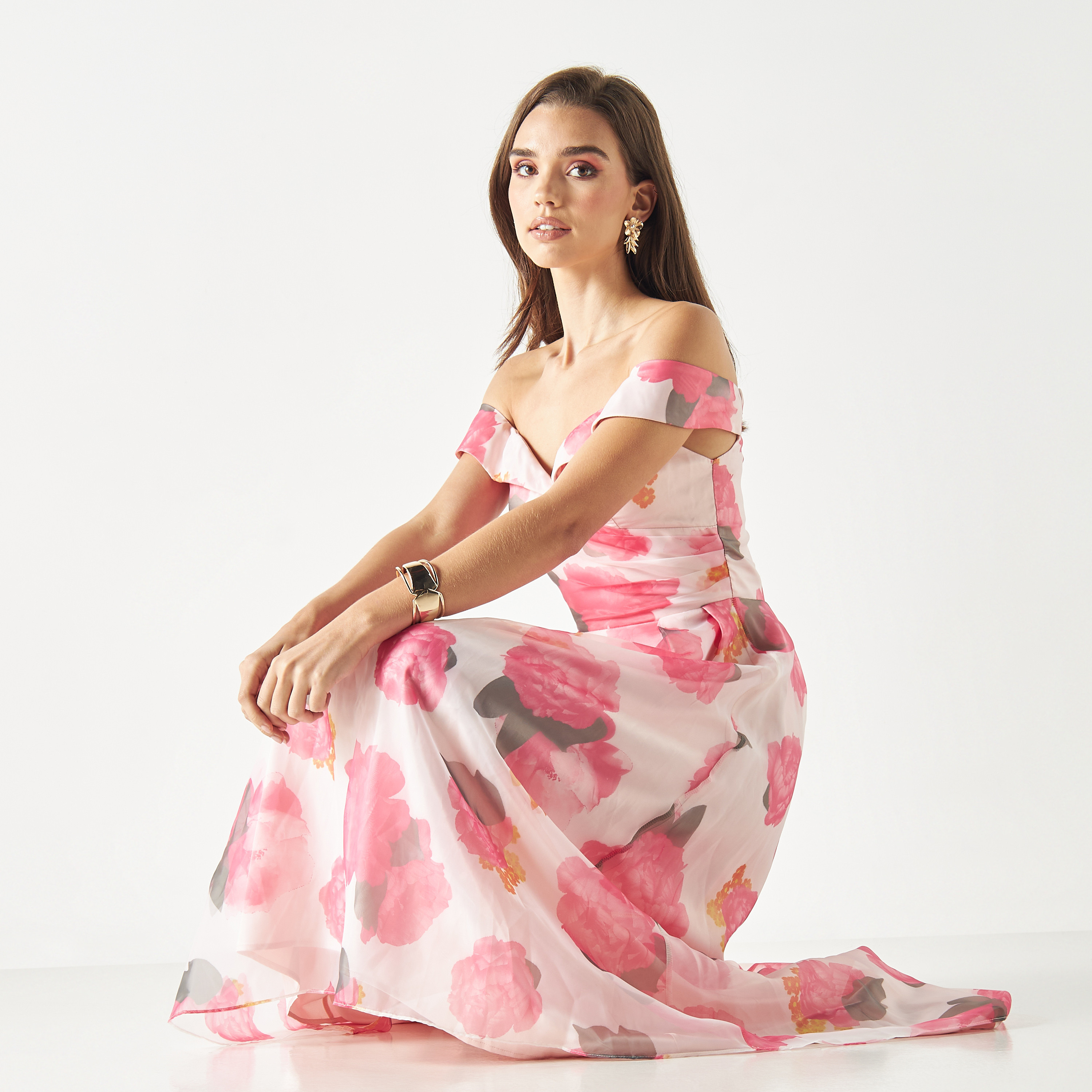 Skirt And Stiletto All-Over Floral Print Off Shoulder High Low Dress-women-clothing-dresses-image-2