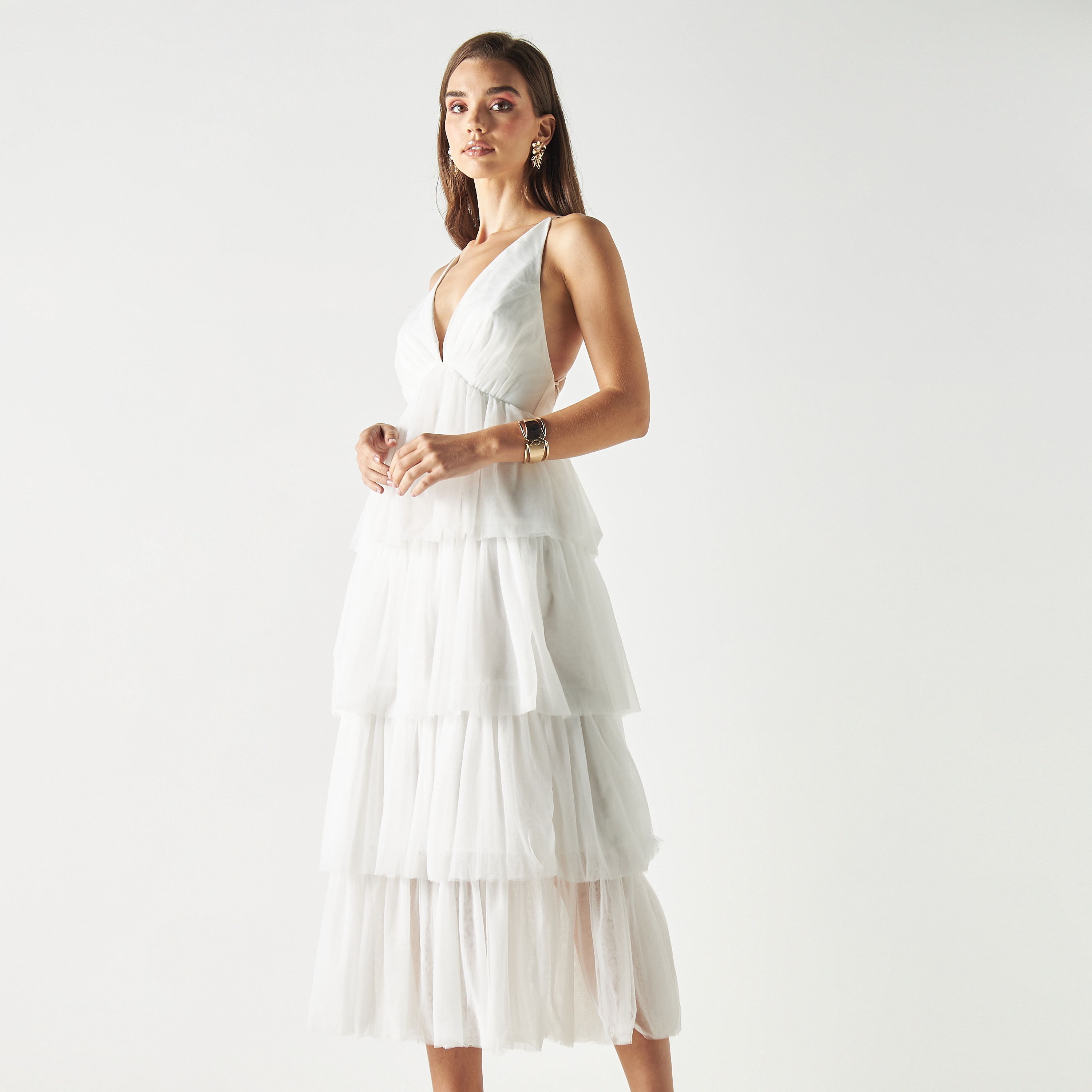 Skirt And Stiletto Ruffled Strappy Dress with Plunge Neck and Tie-Ups-women-clothing-dresses-image-1