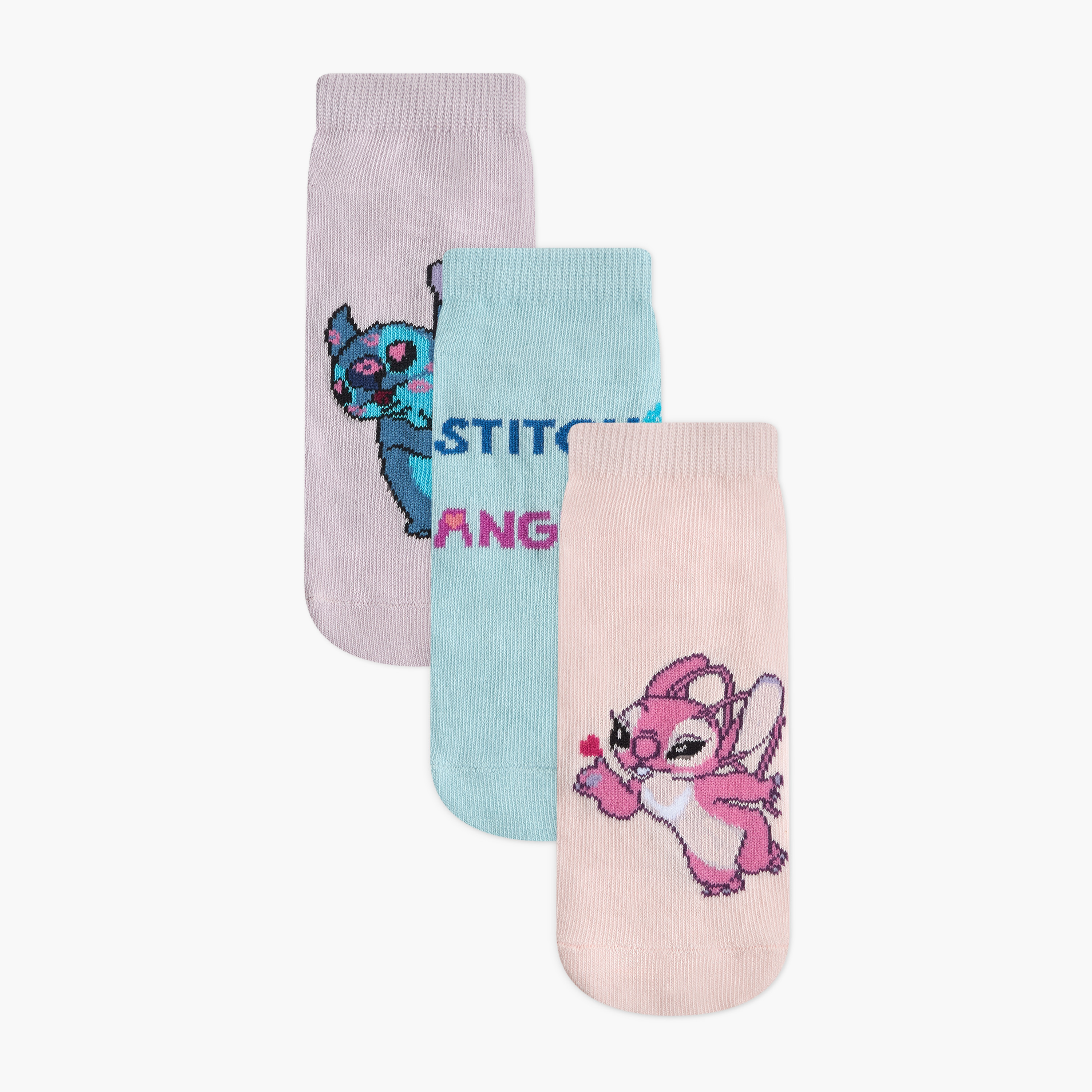 Disney Stitch and Angel Print Non-Terry Ankle Length Socks - Set of 3-girls-accessories-socks-image-1