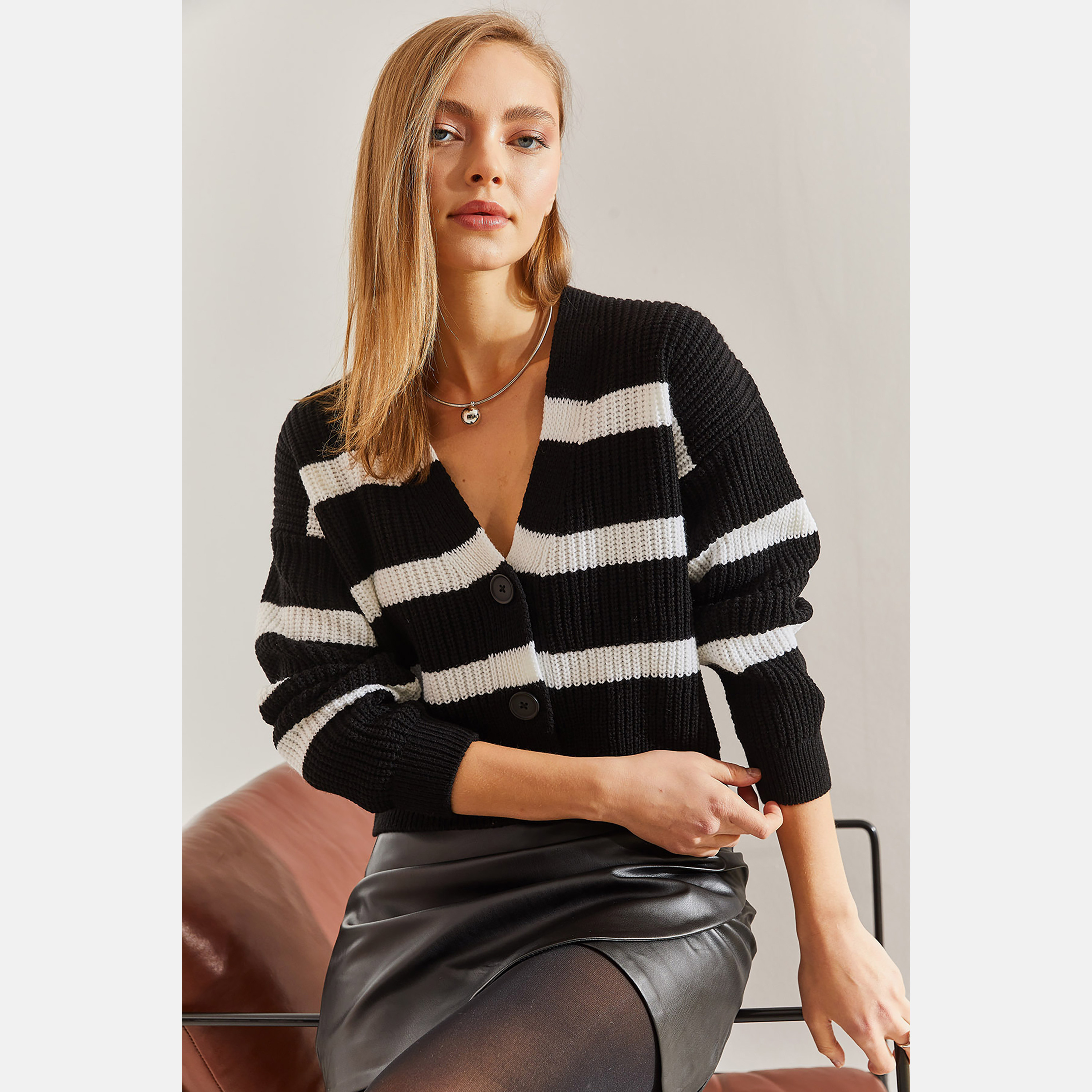 Bianco Lucci Striped Women's Cardigan-women-winterwear-cardigansandjumpers-cardigans-image-3