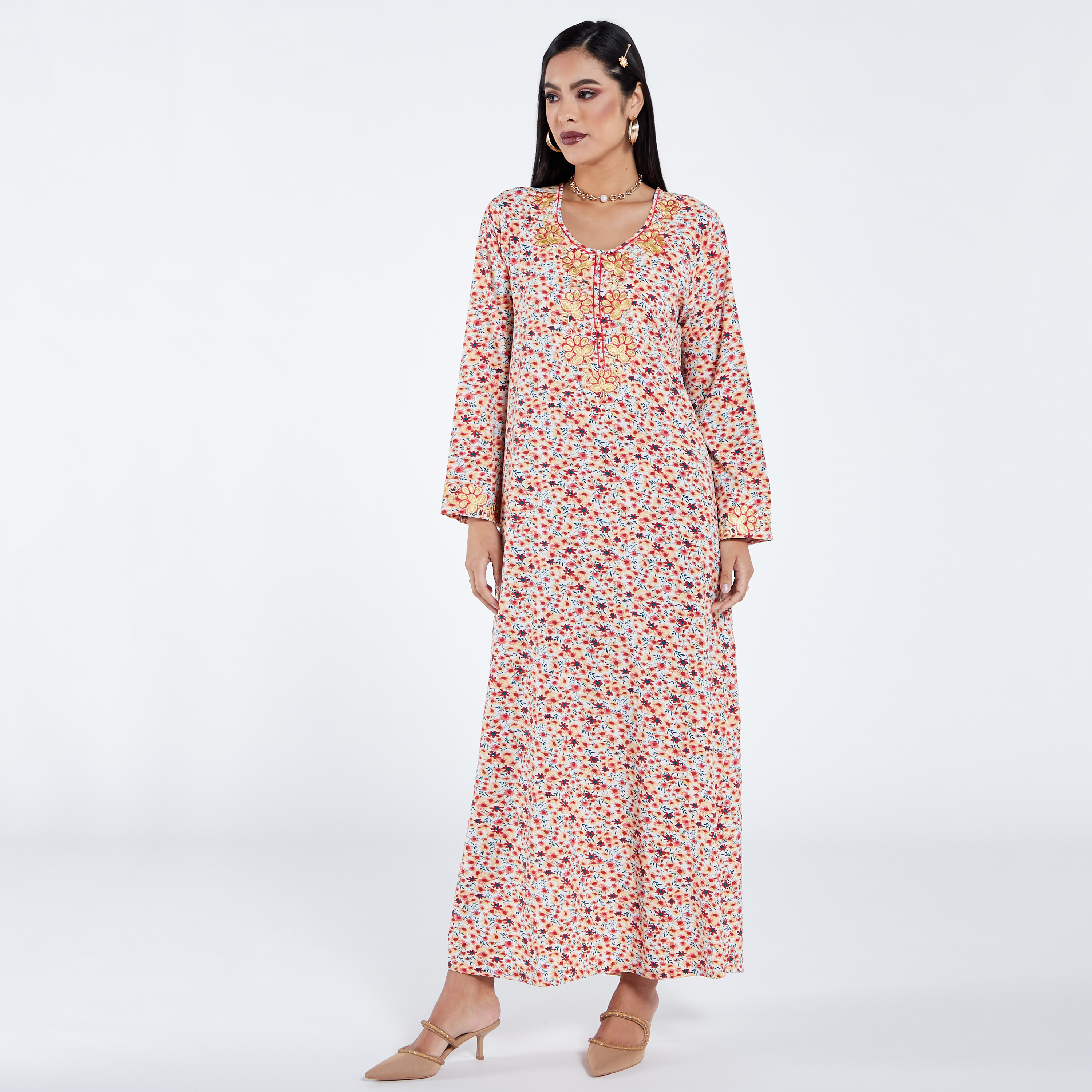 MOiSTREET Floral Print Abaya with Round Neck and Embroidered Detail-women-arabicclothing-jalabiyas-image-1