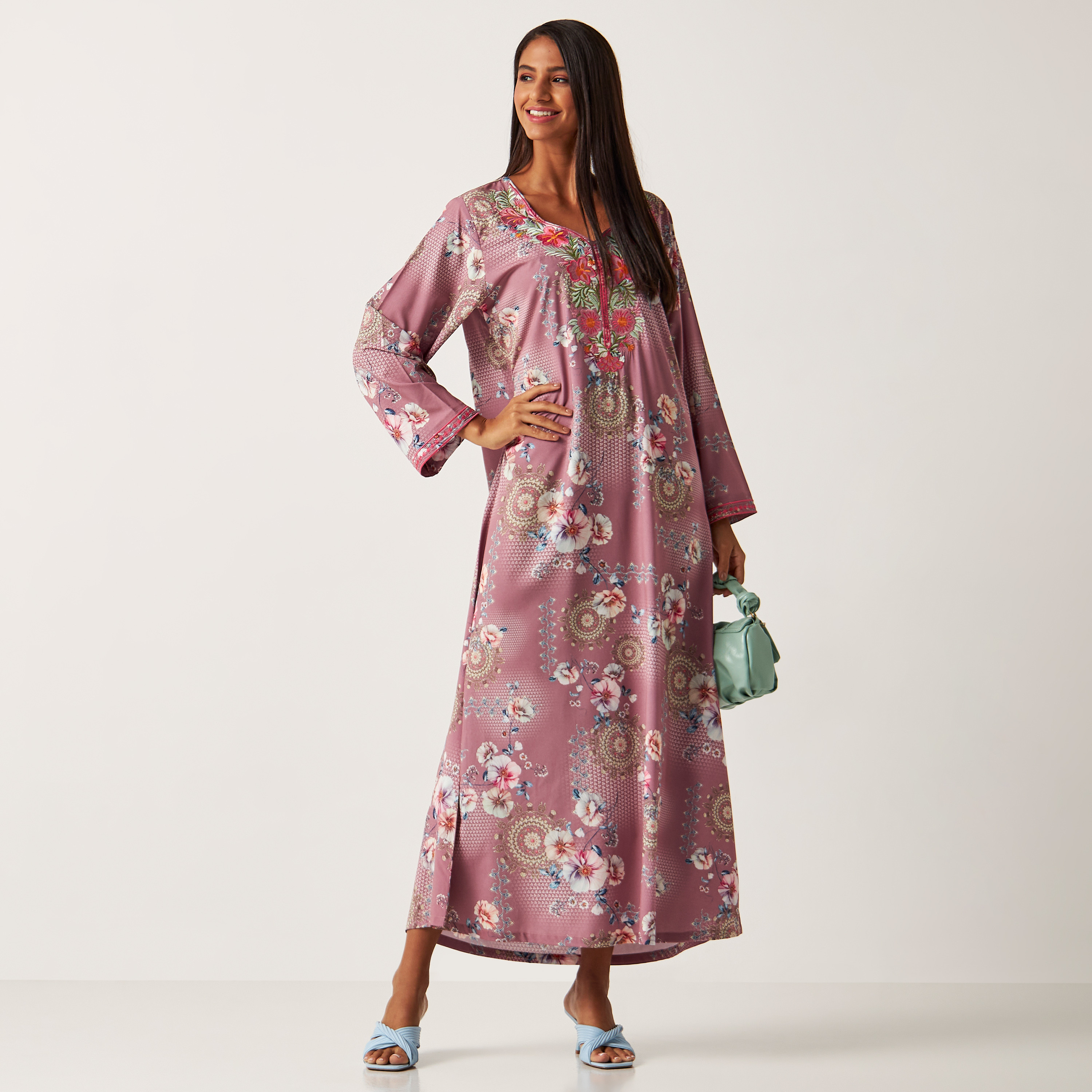 MOiSTREET All Over Floral Print Abaya with Long Sleeves and Embroidered Detail-women-arabicclothing-jalabiyas-image-1