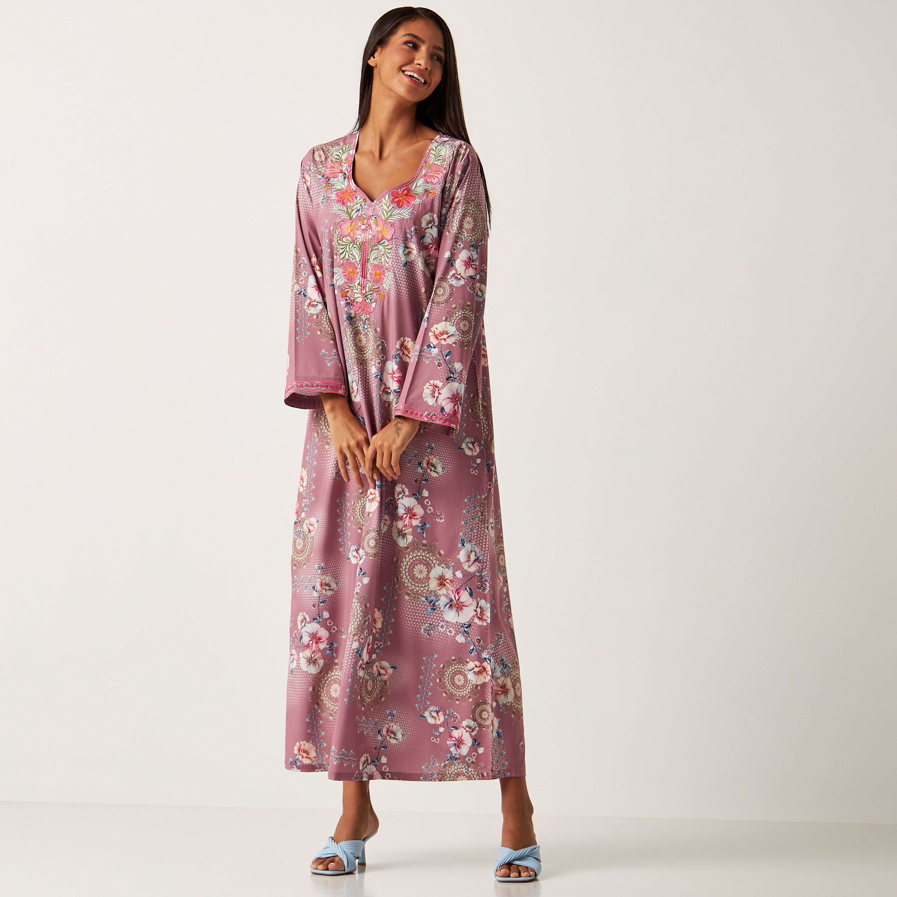 MOiSTREET All Over Floral Print Abaya with Long Sleeves and Embroidered Detail-women-arabicclothing-jalabiyas-image-2