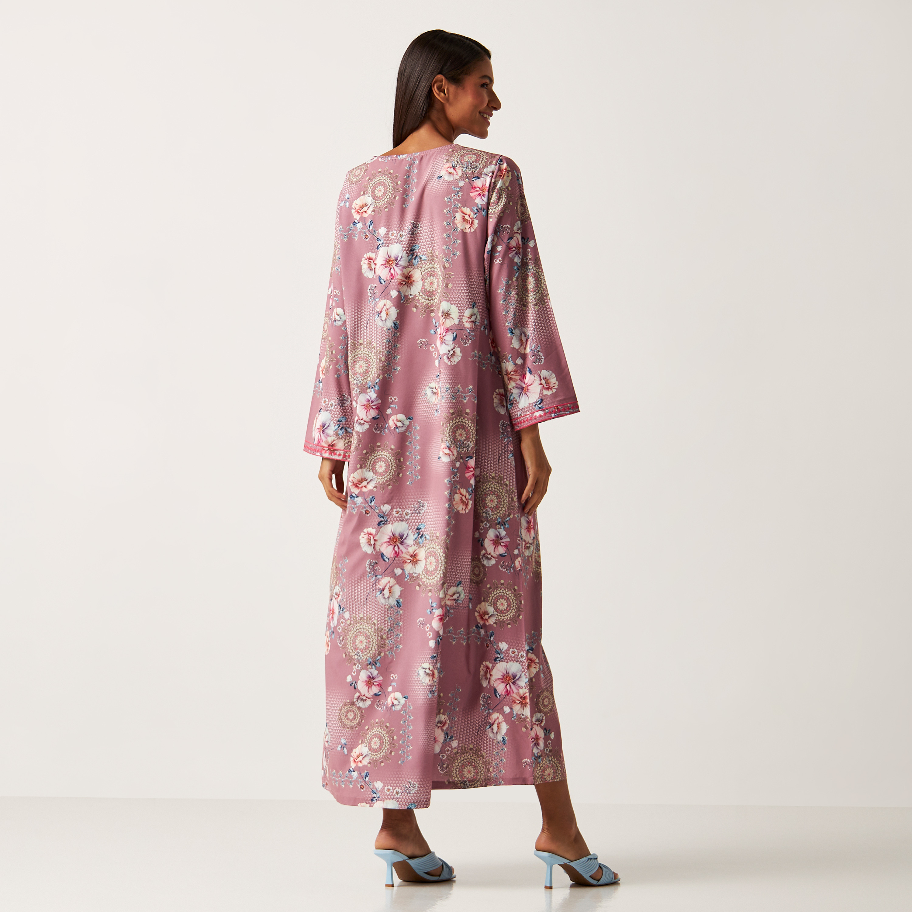 MOiSTREET All Over Floral Print Abaya with Long Sleeves and Embroidered Detail-women-arabicclothing-jalabiyas-image-6