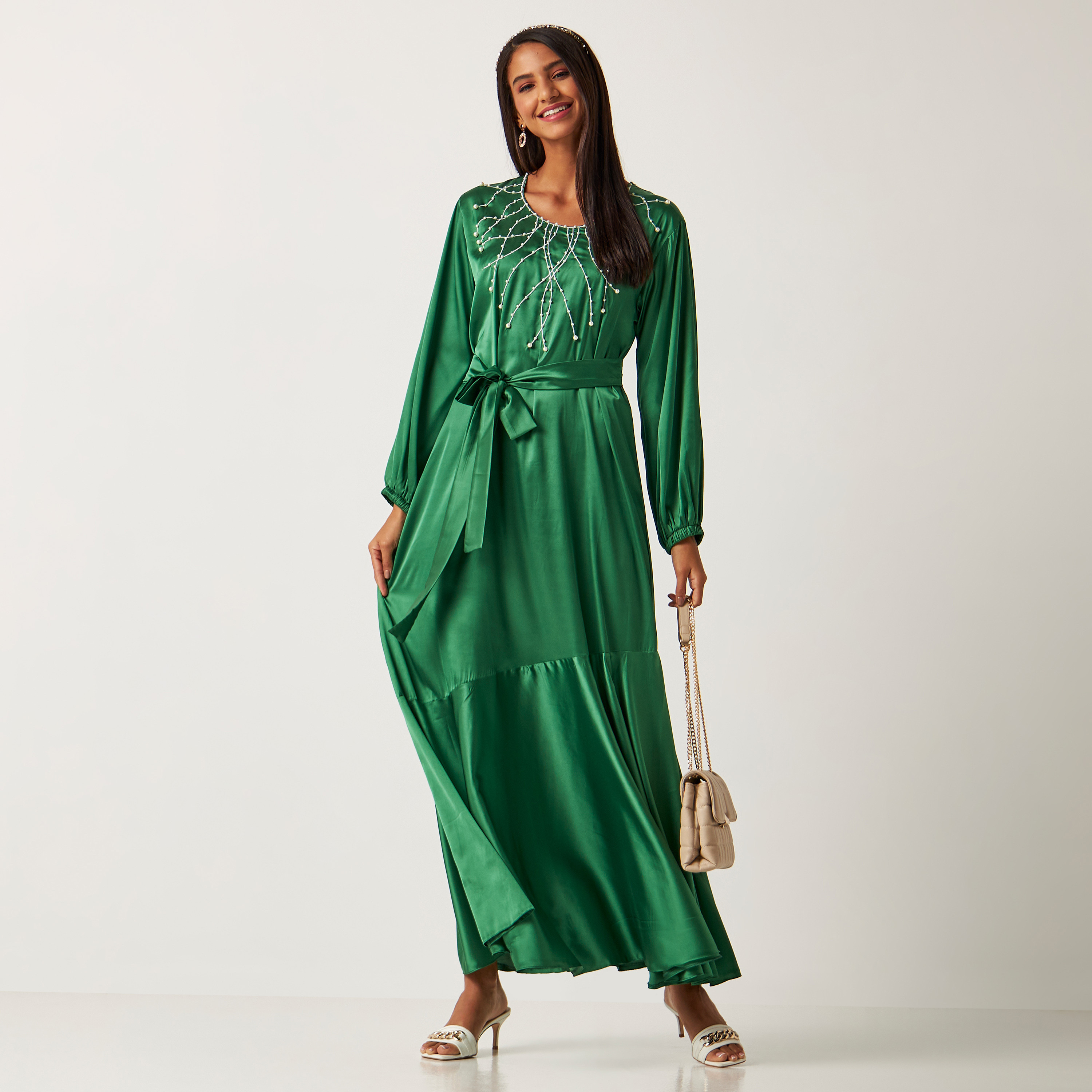 MOiSTREET Embellished Round Neck Abaya with Belt Tie-Ups-women-arabicclothing-jalabiyas-image-1