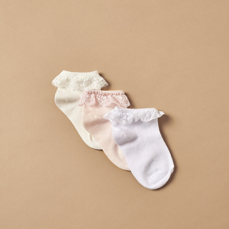 Juniors Solid Ankle Length Socks with Frill - Set of 3