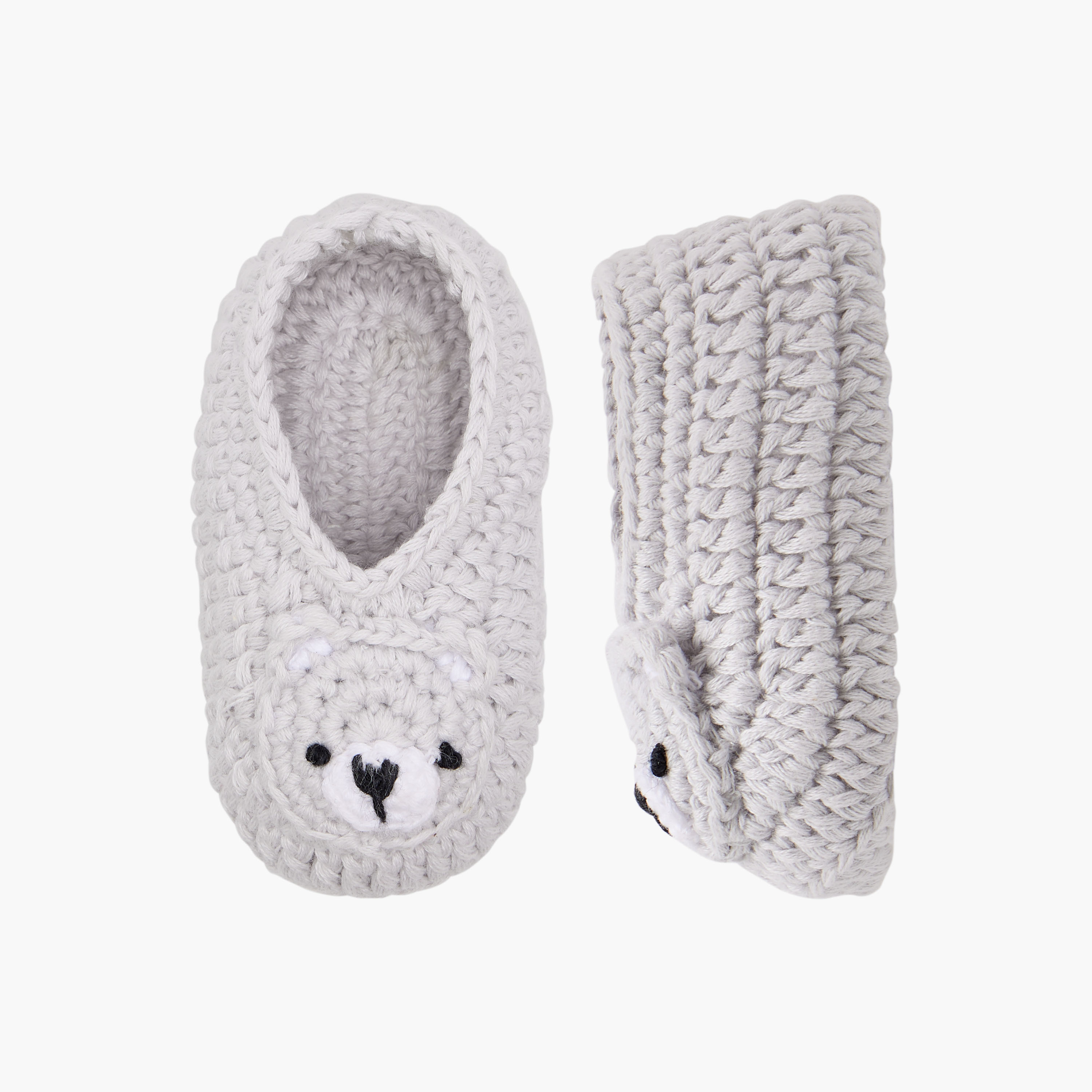 Juniors Crochet Textured Slip-On Booties with Bear Face Detail-baby-girls-shoes-booties-image-1