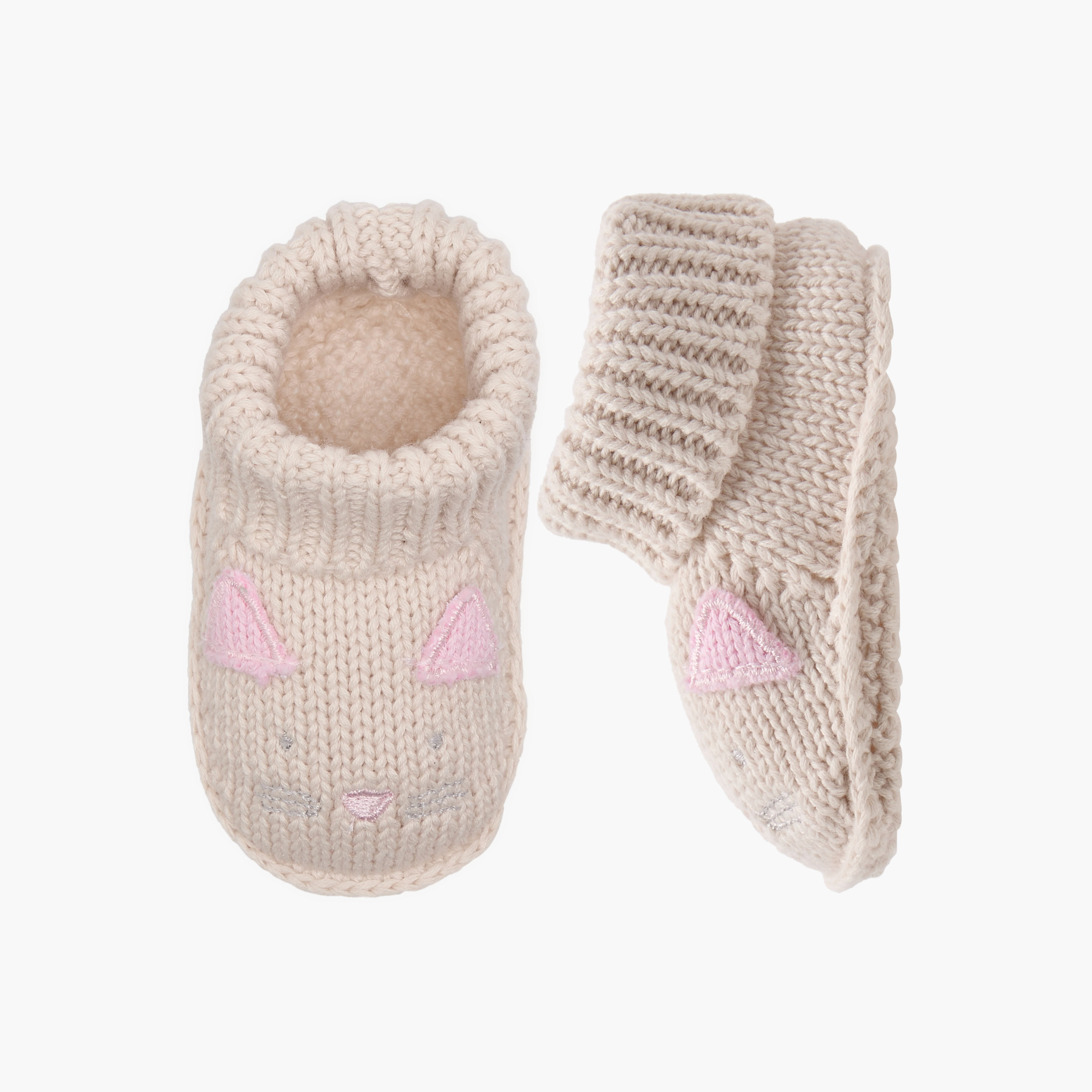 Juniors Knitted Cat Face Slip-On Booties-baby-girls-shoes-booties-image-1