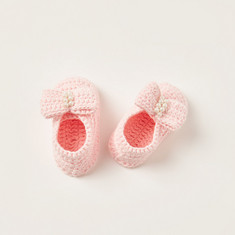 Giggles Pearl Embellished Booties with Bow Applique