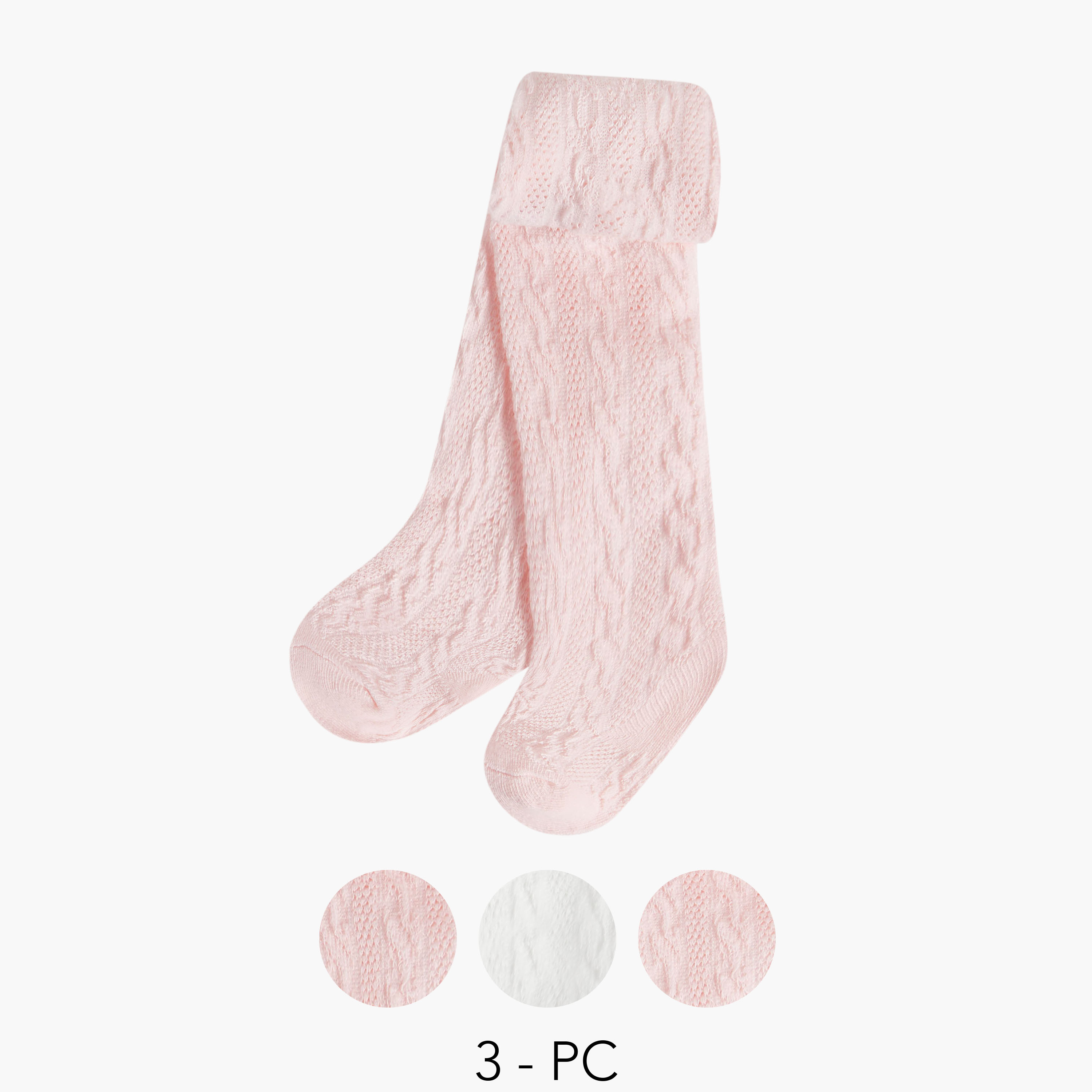 Pack of 3 Juniors Cotton Tights with Cable Knit Design-baby-girls-accessories-socks-image-1