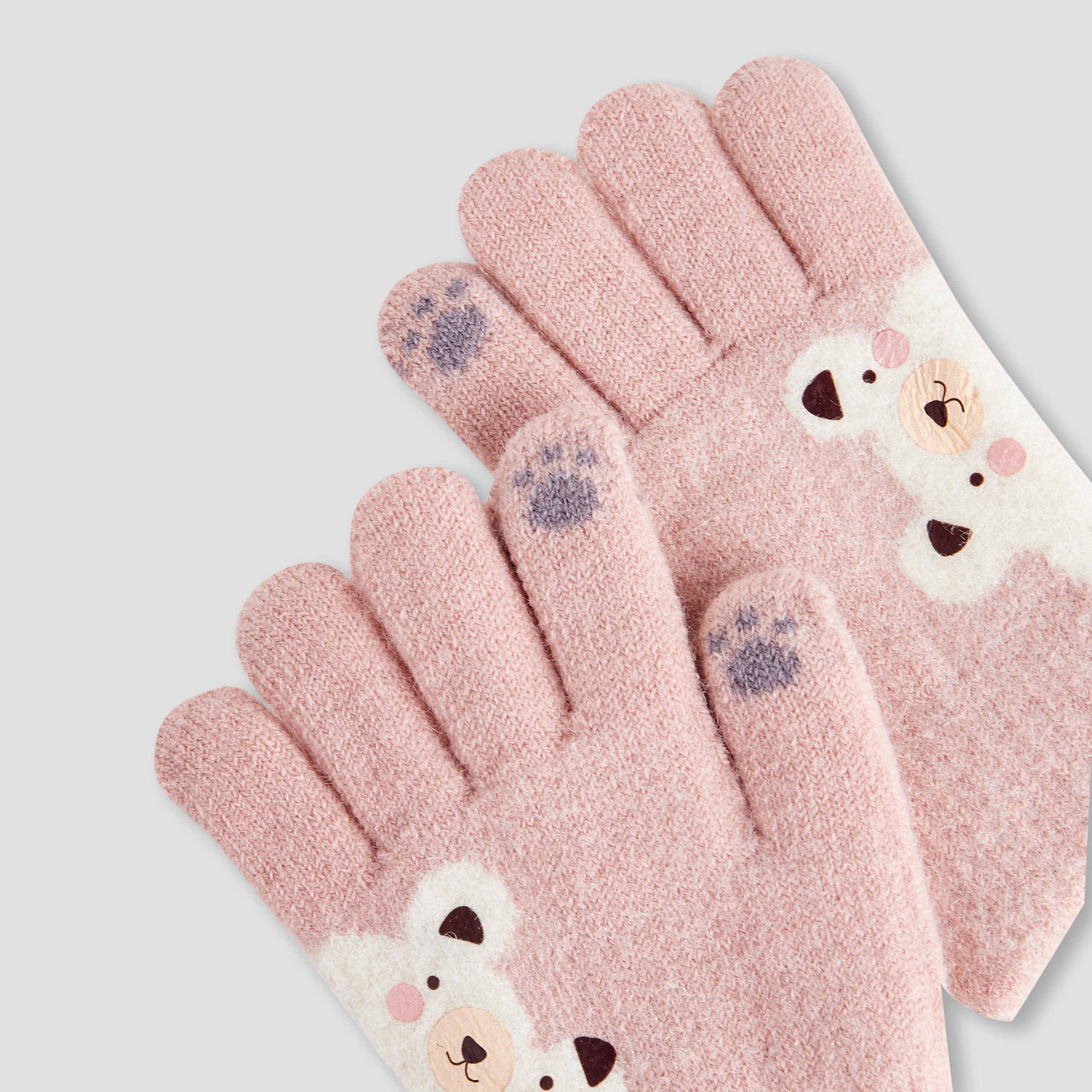 Juniors Girls Winter Gloves with Bear Print-baby-girls-clothing-winterwear-winteraccessories-image-7