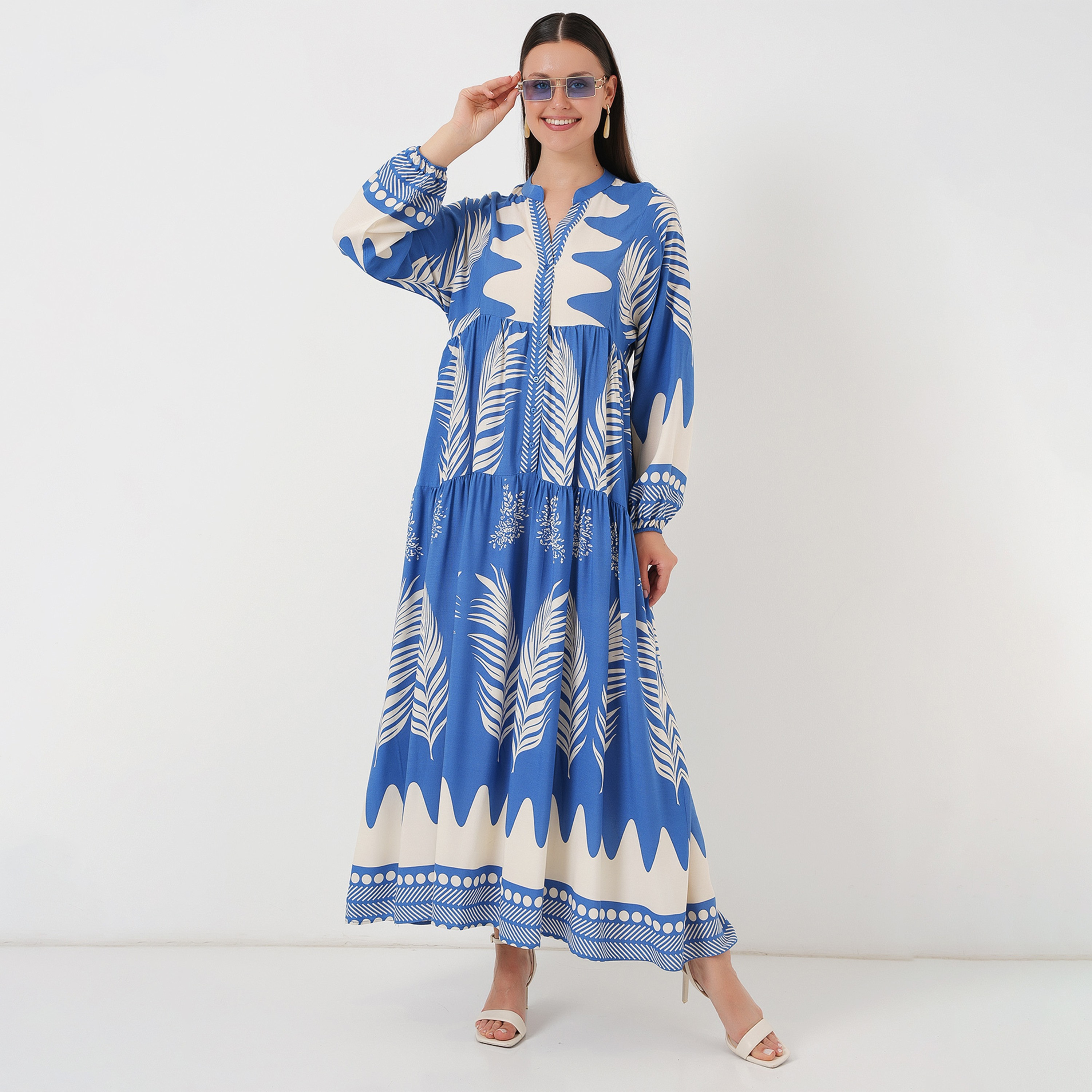 Bigdart Tropical Print Viscose Mandarin Collar Balloon Sleeves Tiered Indigo Women's Maxi Dress-women-clothing-dresses-image-1