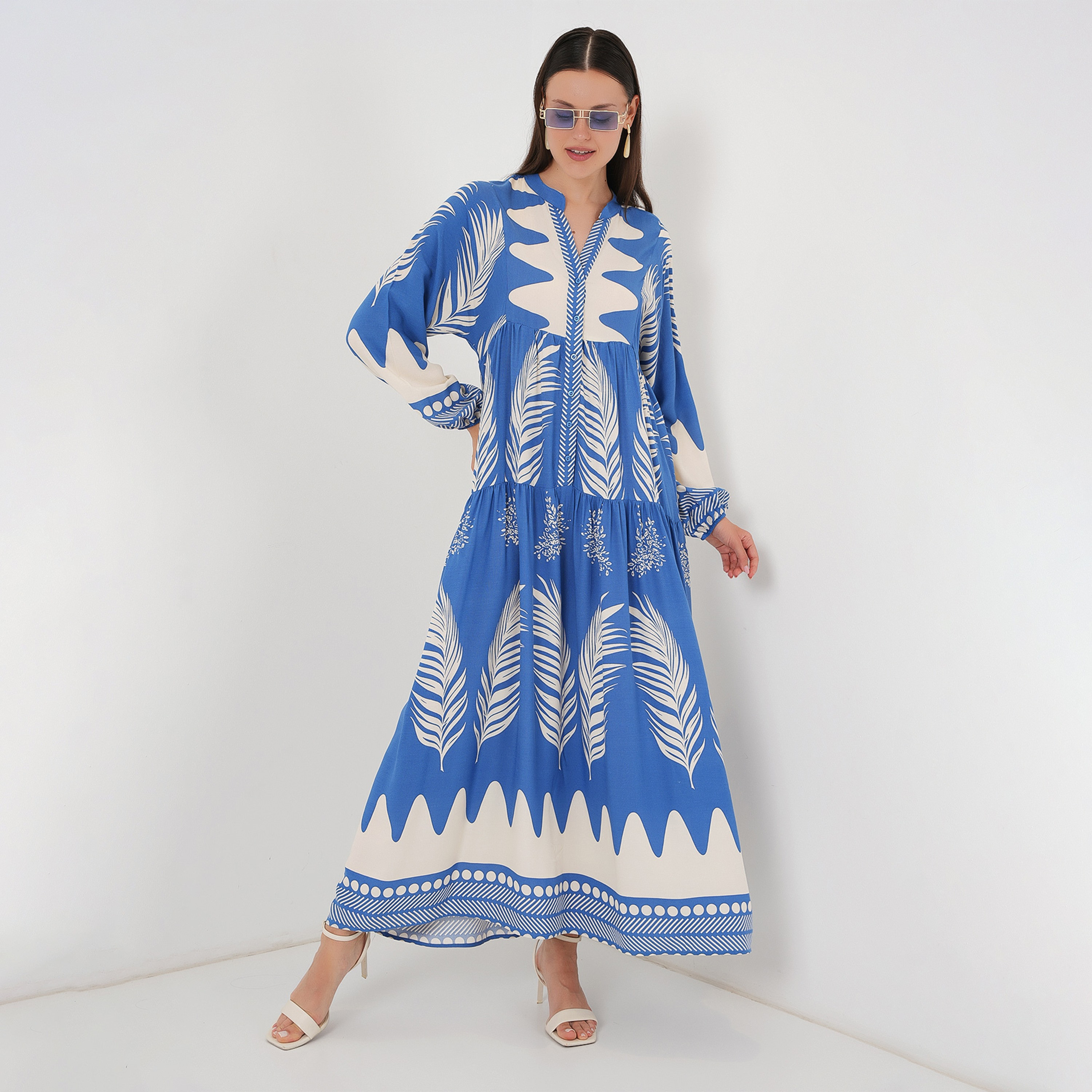 Bigdart Tropical Print Viscose Mandarin Collar Balloon Sleeves Tiered Indigo Women's Maxi Dress-women-clothing-dresses-image-2