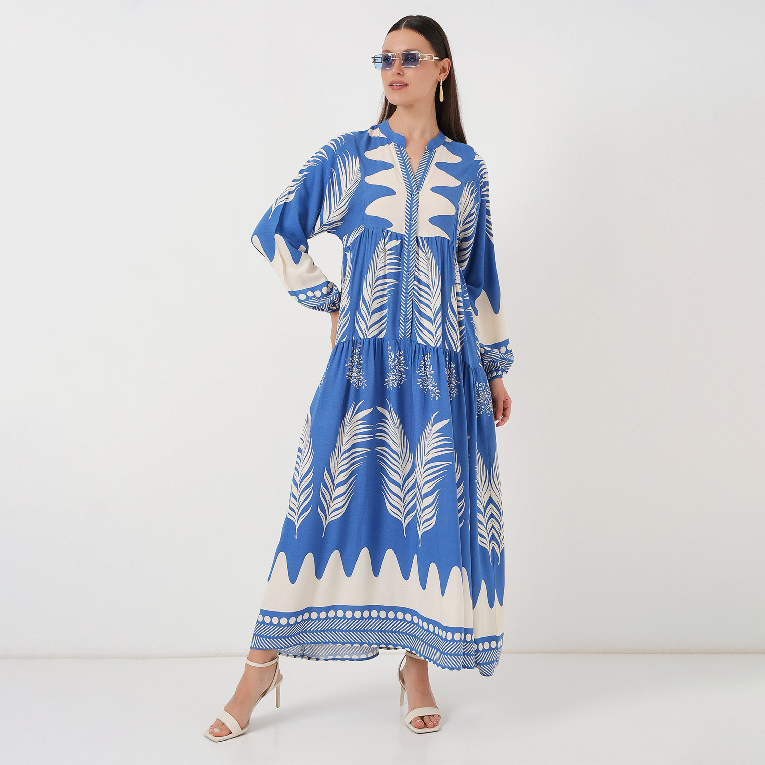 Bigdart Tropical Print Viscose Mandarin Collar Balloon Sleeves Tiered Indigo Women's Maxi Dress-women-clothing-dresses-image-5