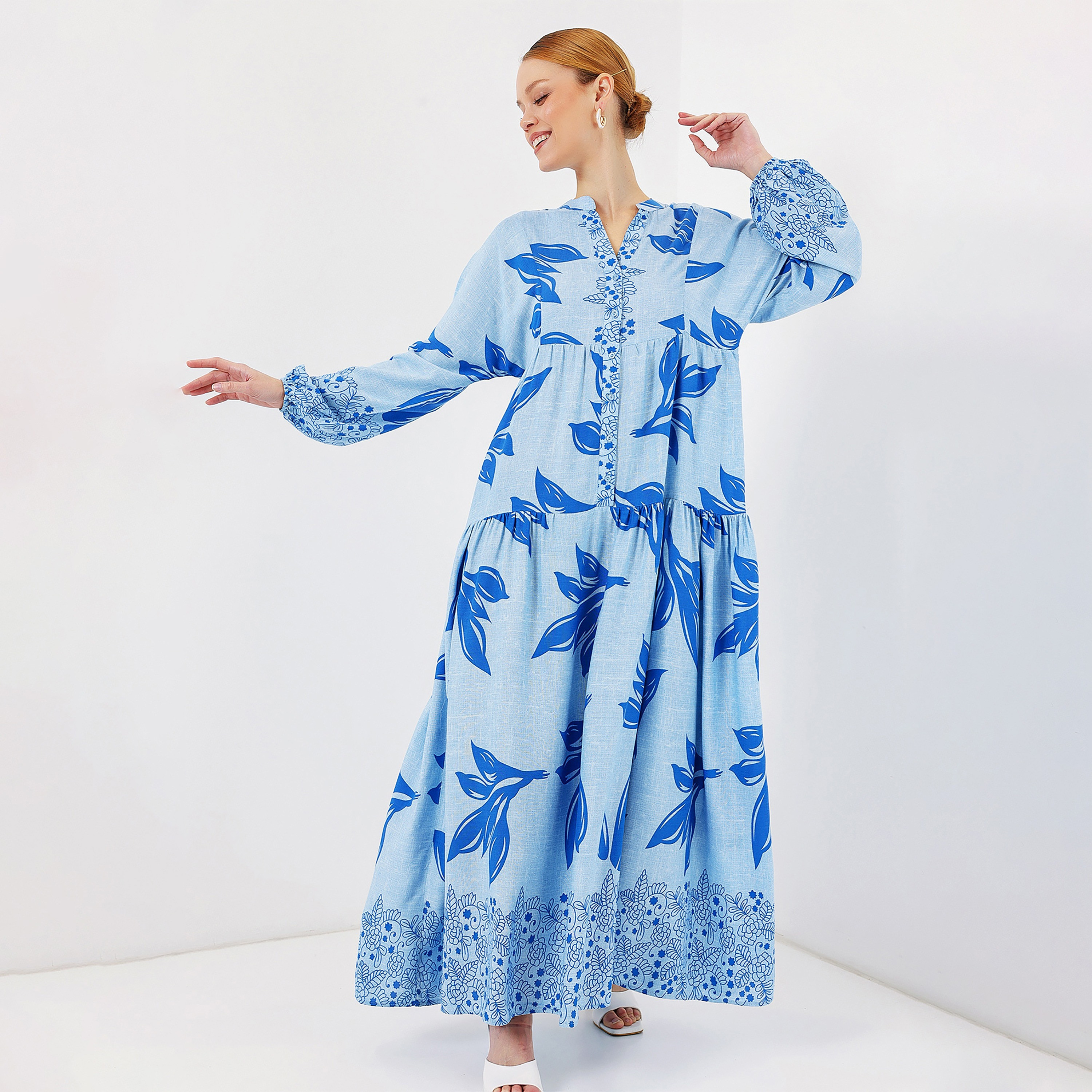 Bigdart Tropical Print Viscose Mandarin Collar Balloon Sleeves Tiered Indigo Women's Maxi Dress-women-clothing-dresses-image-2