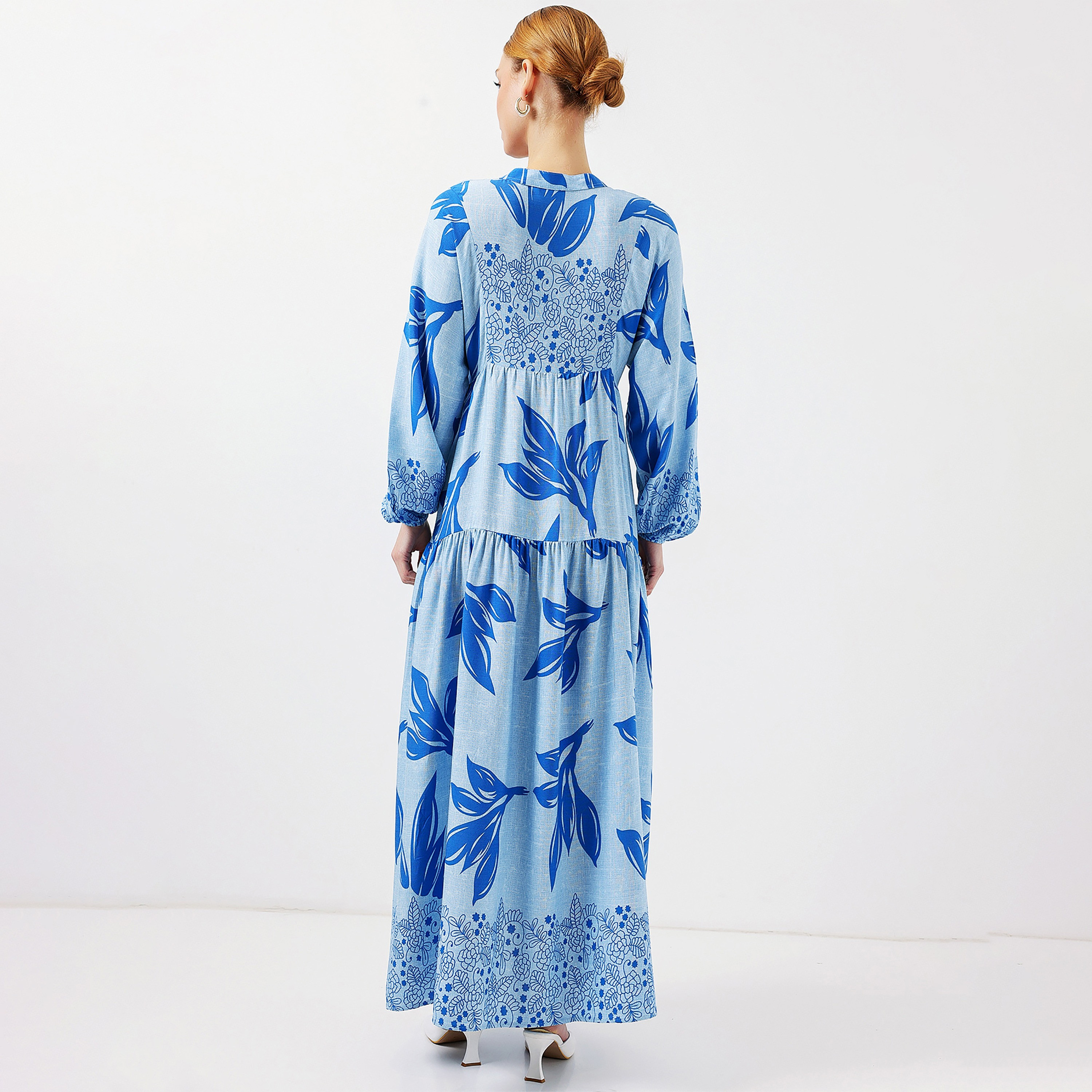 Bigdart Tropical Print Viscose Mandarin Collar Balloon Sleeves Tiered Indigo Women's Maxi Dress-women-clothing-dresses-image-3