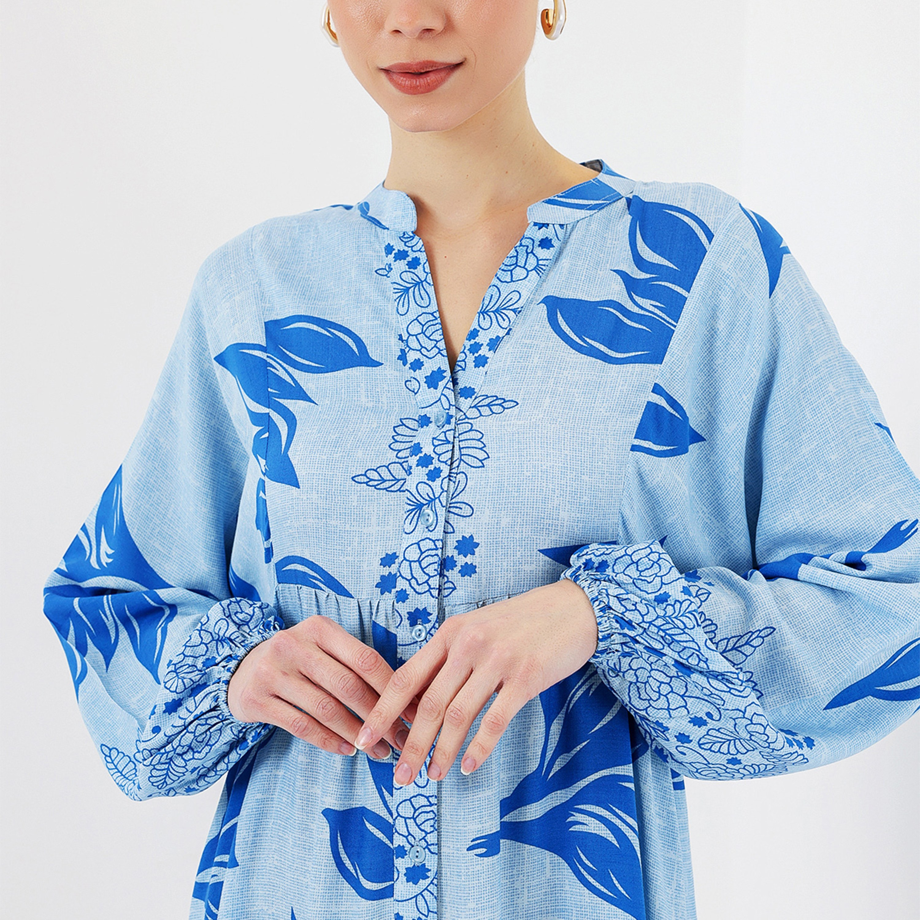 Bigdart Tropical Print Viscose Mandarin Collar Balloon Sleeves Tiered Indigo Women's Maxi Dress-women-clothing-dresses-image-4