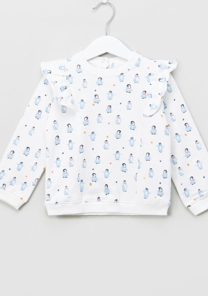 Juniors Penguin Printed Ruffle Detail Sweat Top-Sweaters and Cardigans-image-0
