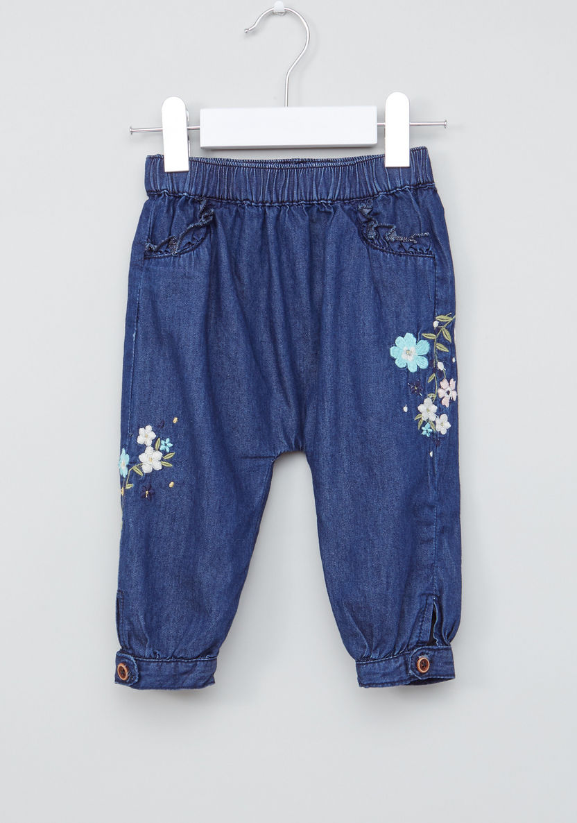 Juniors Embroidered Denim Pants with Elasticised Waistband-Jeans-image-0