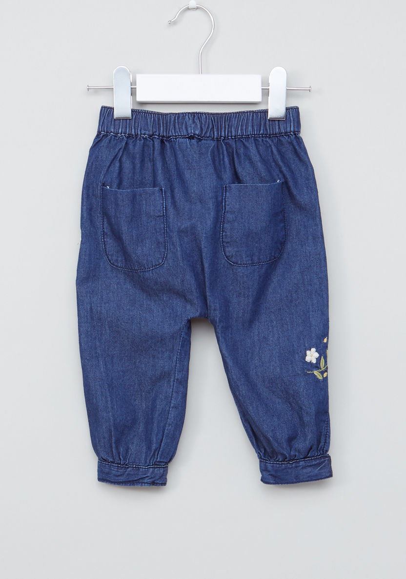 Juniors Embroidered Denim Pants with Elasticised Waistband-Jeans-image-2