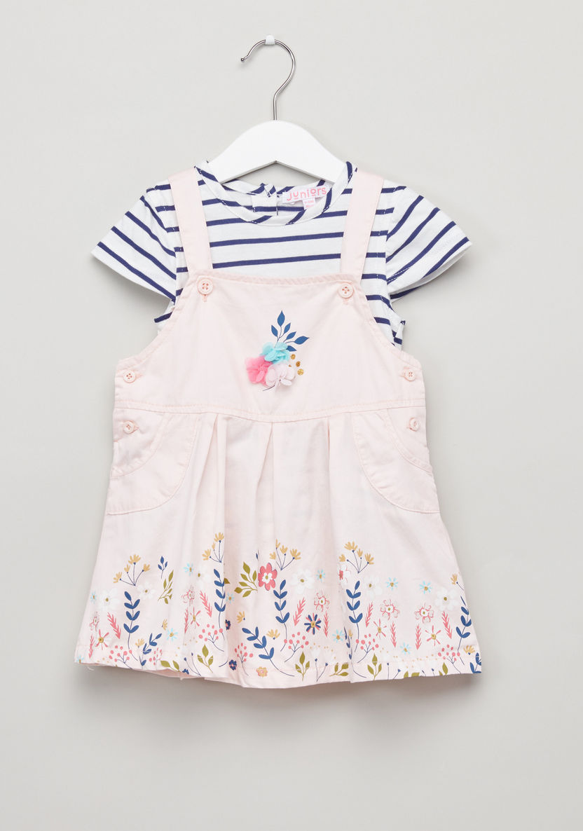Juniors Striped T-shirt with Flower Detail Pinafore-Clothes Sets-image-0