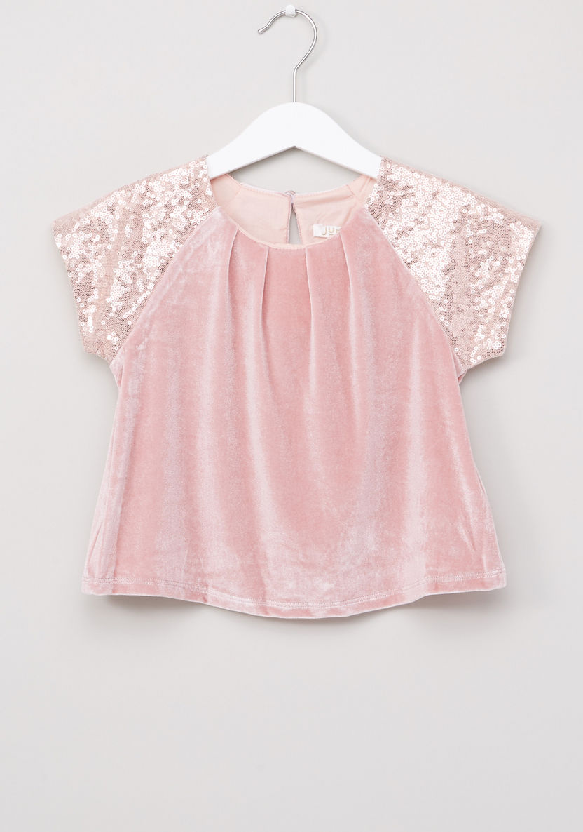 Juniors Sequin Detail Short Sleeves Top and Skirt-Clothes Sets-image-1