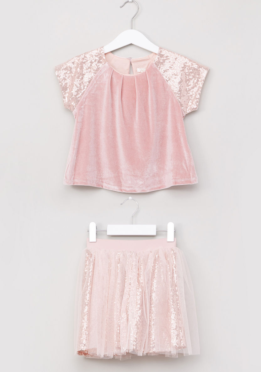 Juniors Sequin Detail Short Sleeves Top and Skirt-Clothes Sets-image-0