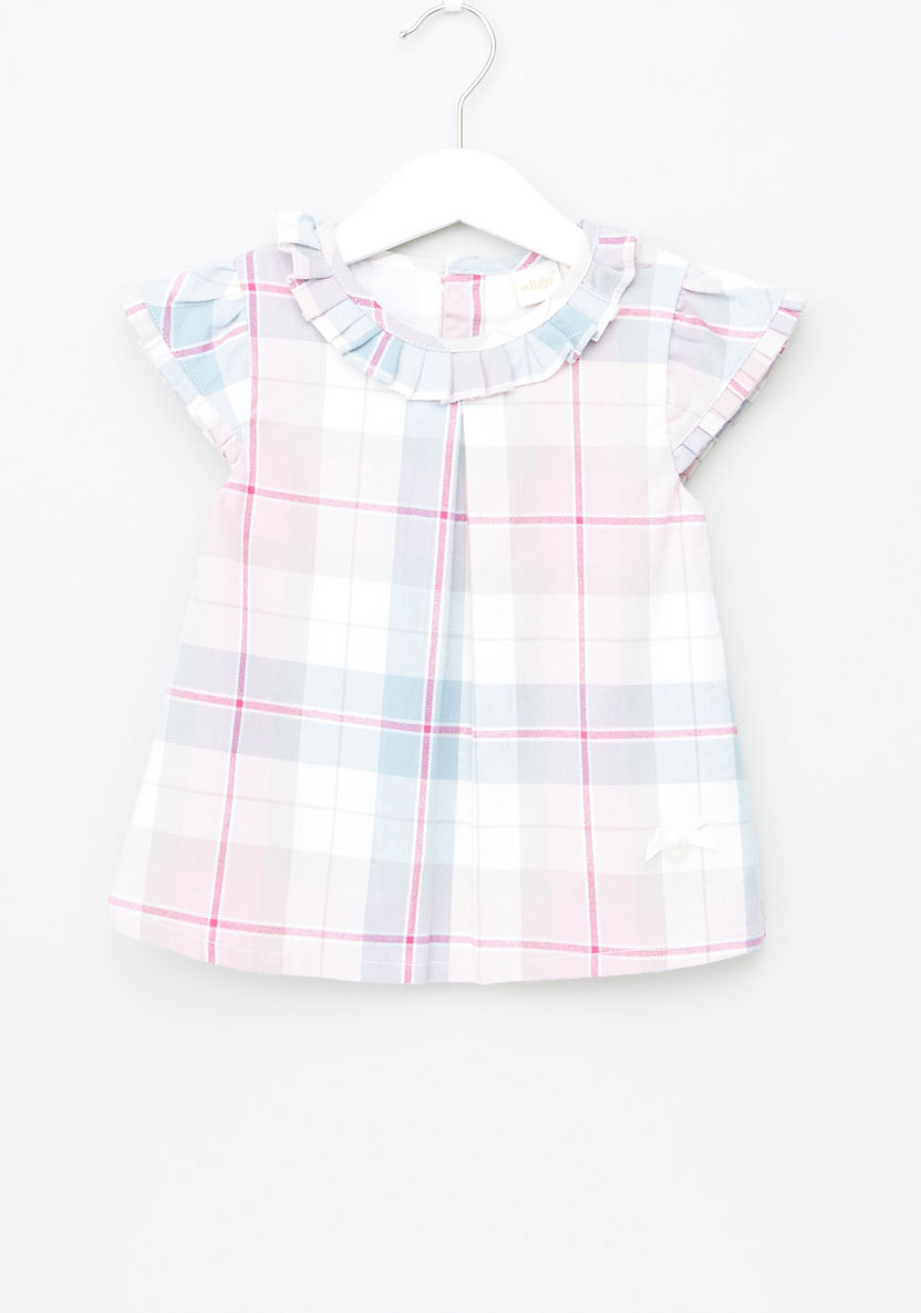 Chequered Ruffle Detail Cap Sleeves Top-Blouses-image-0
