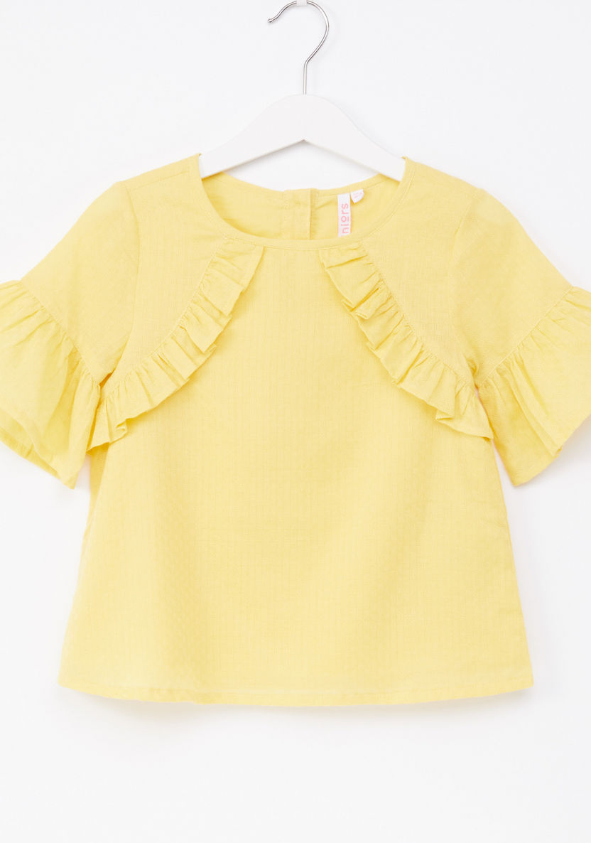 Juniors Round Neck Ruffle Detail Top-Blouses-image-0