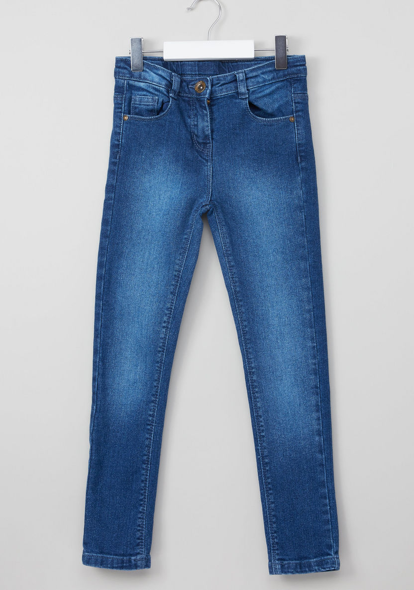 Juniors Full Length Faded Jeans with Button Closure-Jeans and Jeggings-image-0