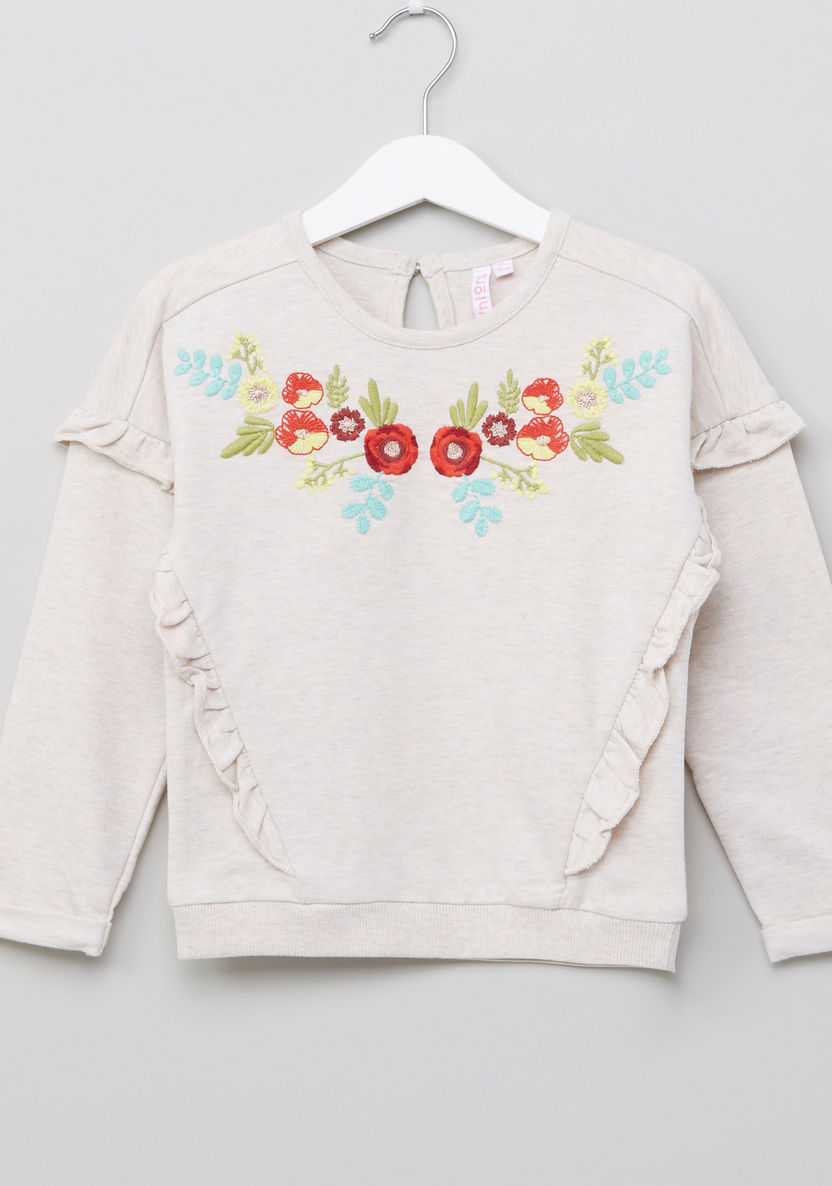 Juniors Oatmeal Neck Frill Sweat Top with Embroidery-Sweaters and Cardigans-image-0
