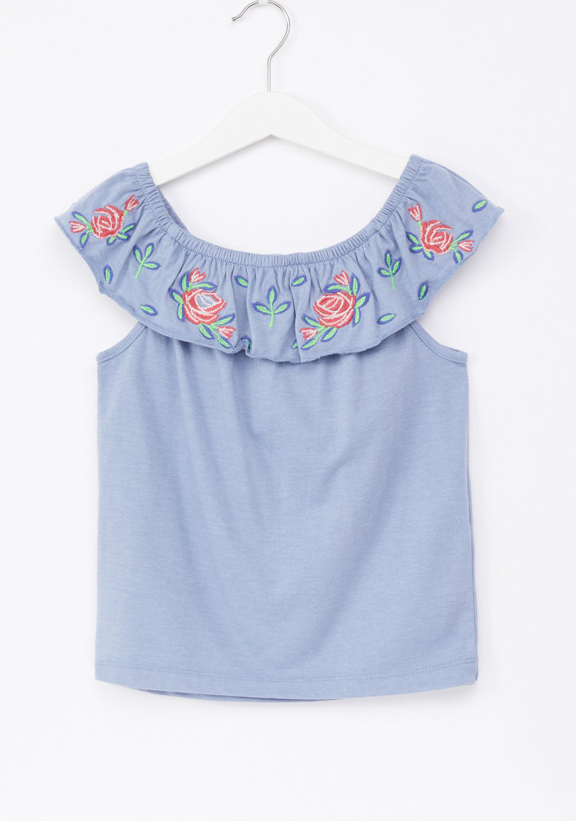 Juniors Embroidered Sleeveless Ruffle Detail Top-Blouses-image-0
