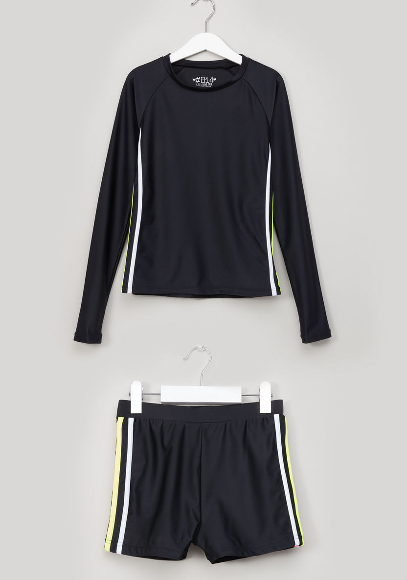 Posh Round Neck Swimming T-shirt with Tape Detail Shorts-Swimwear-image-0