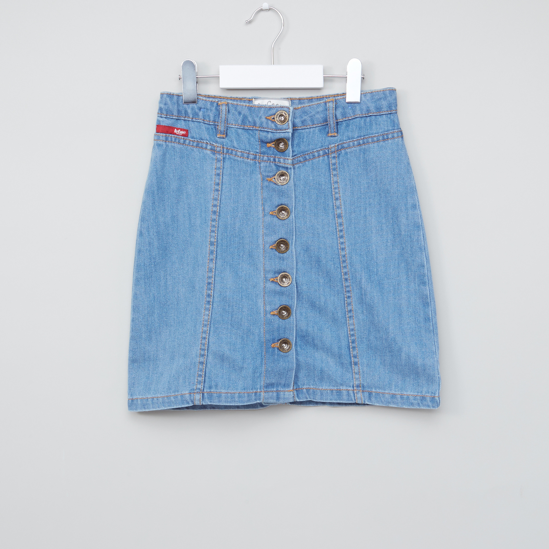 Denim skirts button store front