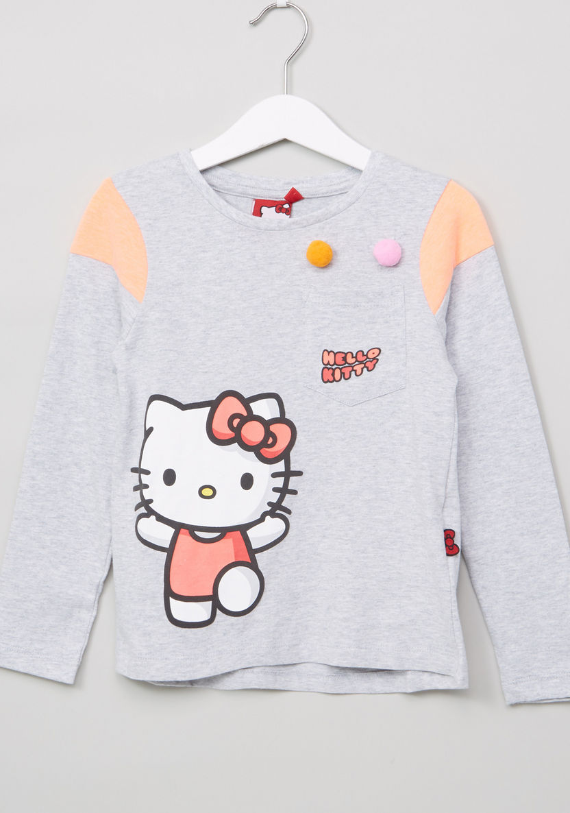 Hello Kitty Printed Pom Pom Detail Long Sleeves Top-Blouses-image-0
