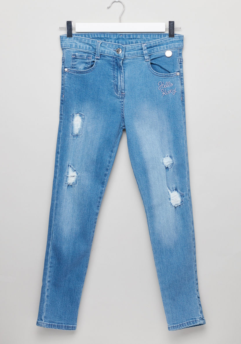 Hello Kitty Distressed Jeans with Button Closure and Pocket Detail-Jeans and Jeggings-image-0