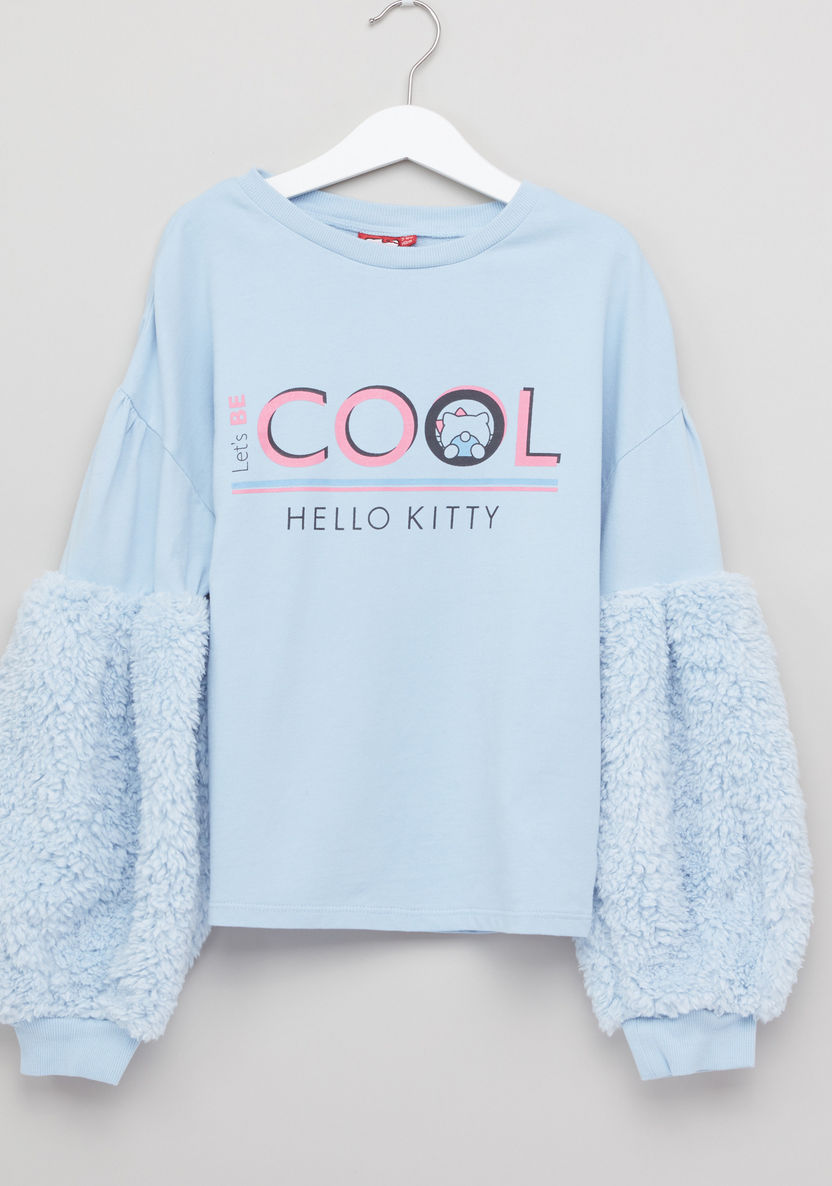 Hello Kitty Slogan Printed Sweat Top with Fur Sleeves-Sweaters and Cardigans-image-0