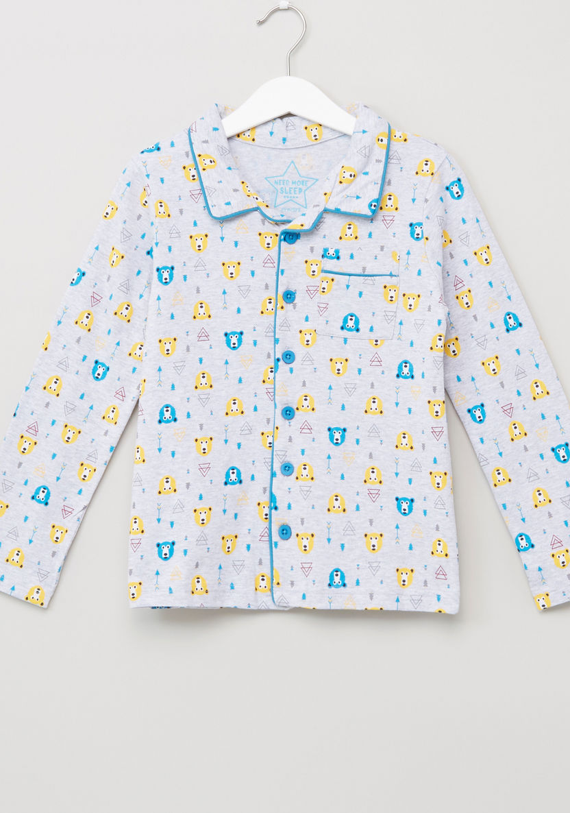 Juniors Bear Printed Long Sleeves Shirt and Pyjama Set-Nightwear-image-1