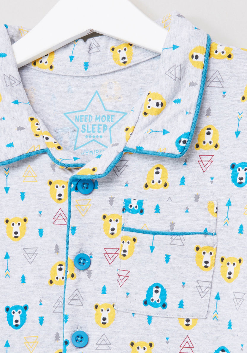 Juniors Bear Printed Long Sleeves Shirt and Pyjama Set-Nightwear-image-2