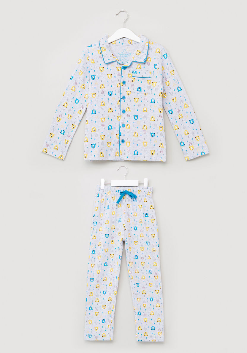 Juniors Bear Printed Long Sleeves Shirt and Pyjama Set-Nightwear-image-0
