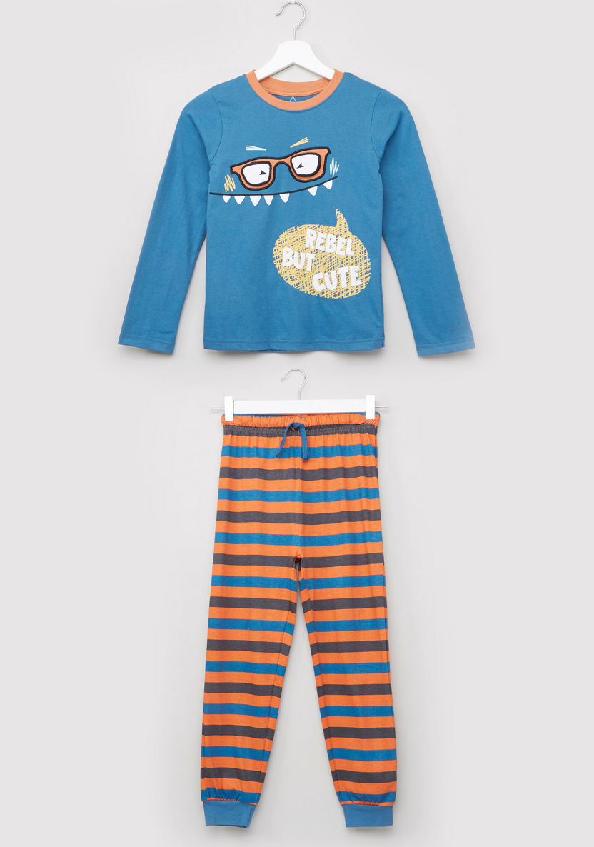 Juniors Embroidered Applique Detail T-shirt with Striped Jog Pants-Clothes Sets-image-0