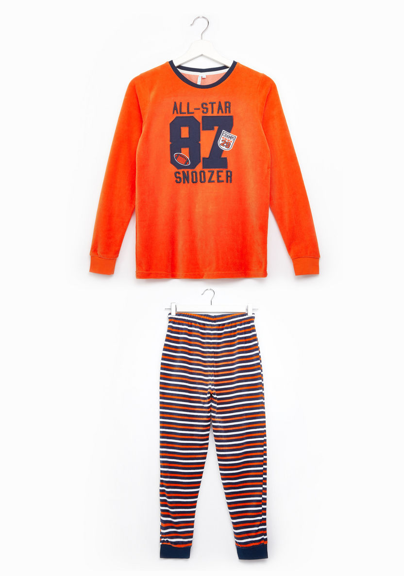Juniors Embroidered T-shirt with Striped Jog Pants-Nightwear-image-0