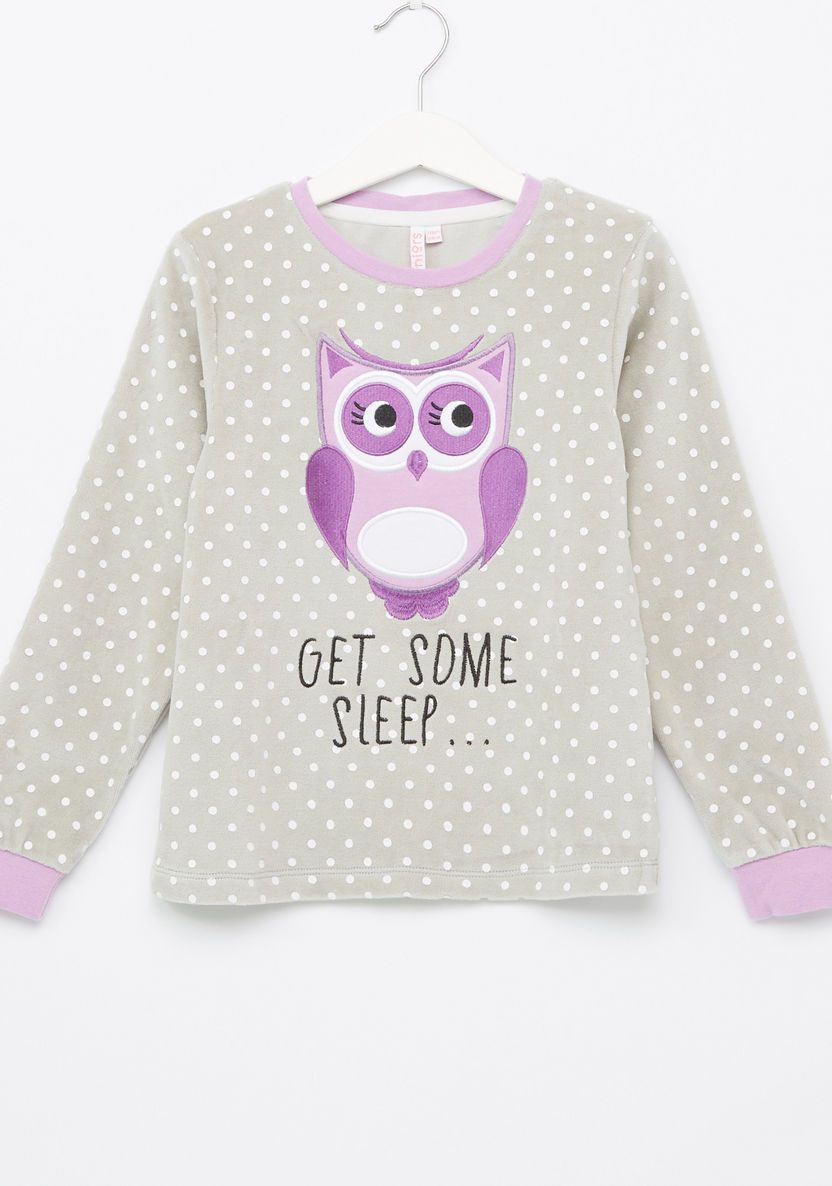 Juniors Owl Polka Doted Velour Pyjama Set-Pyjama Sets-image-1