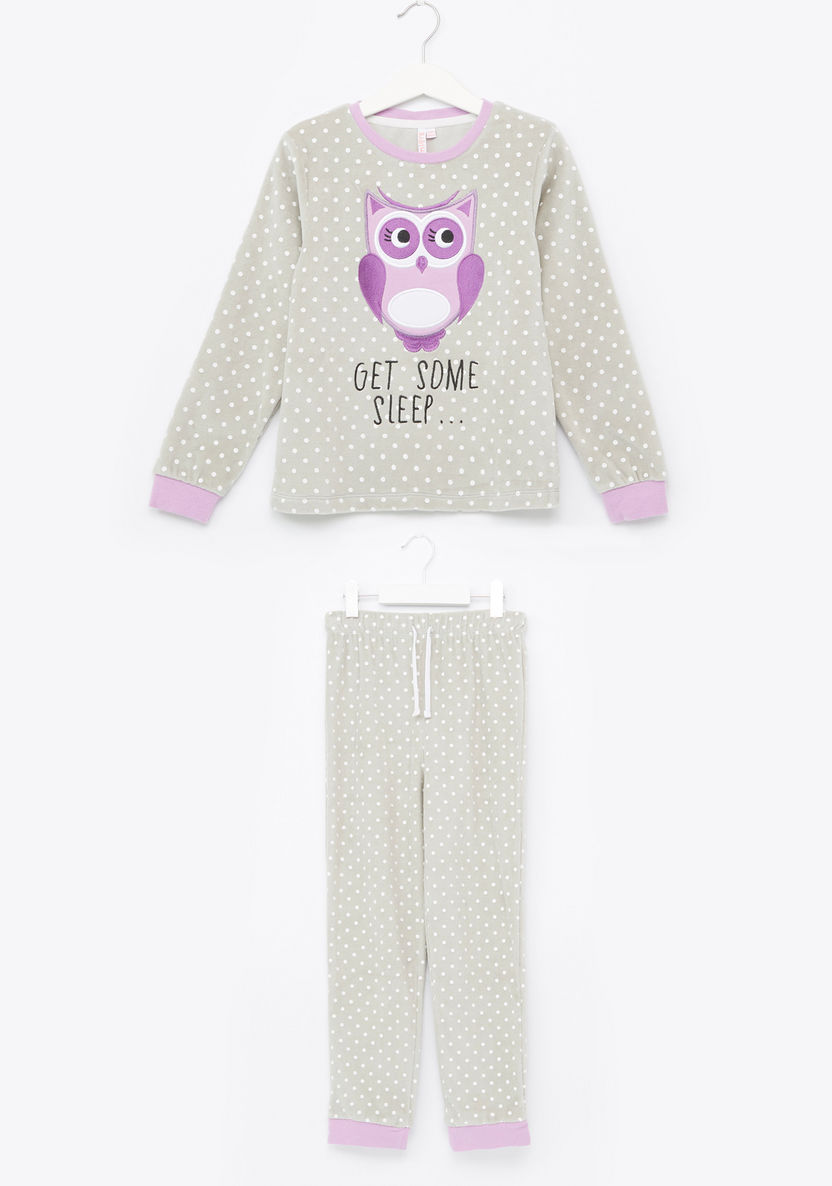 Juniors Owl Polka Doted Velour Pyjama Set-Pyjama Sets-image-0