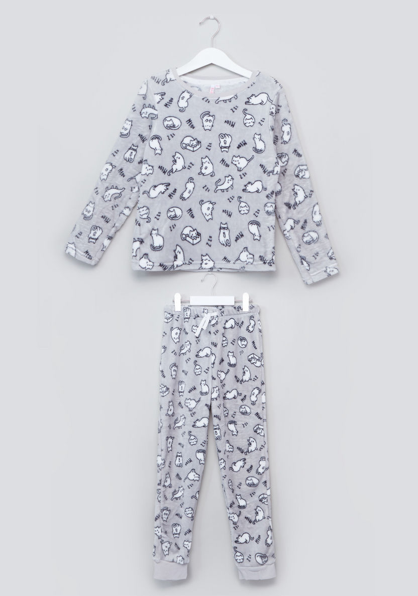 Juniors Fleece Pyjama Set with Cat Print-Pyjama Sets-image-0