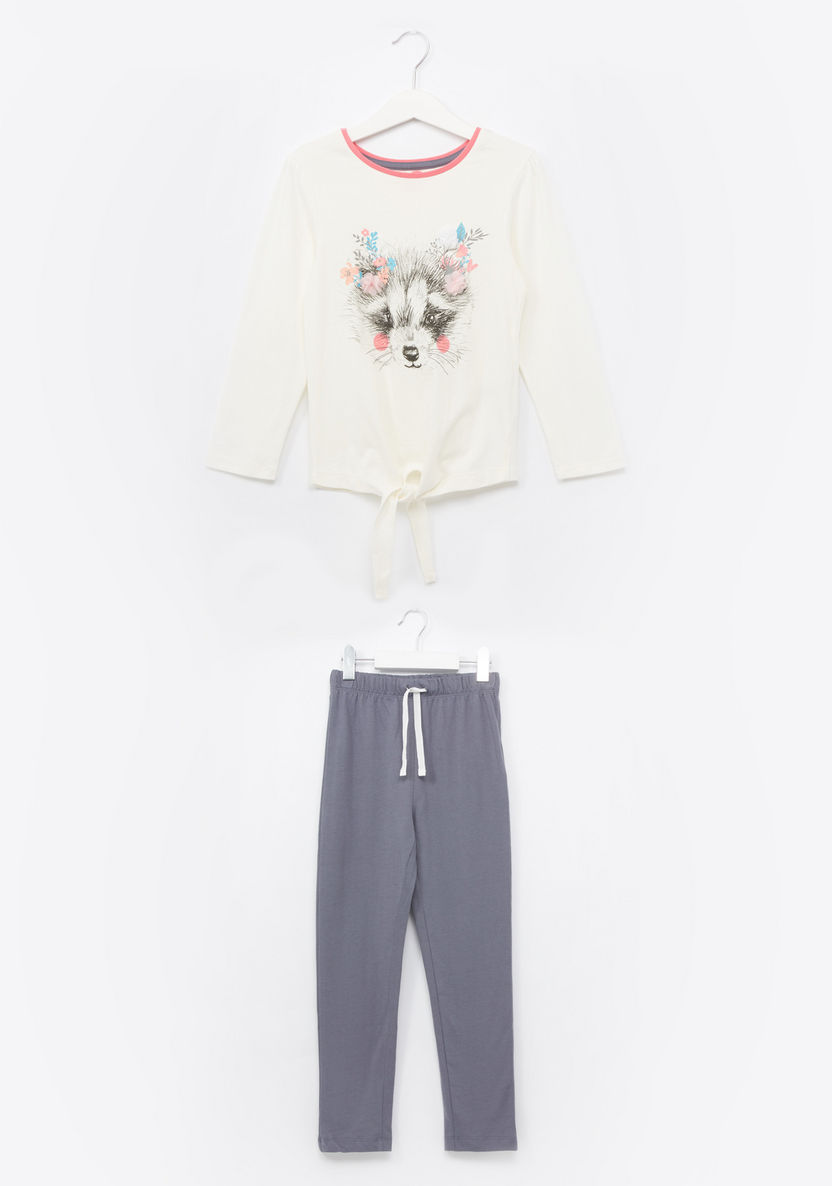 Juniors Printed Long Sleeves T-shirt and Pyjama Set-Nightwear-image-0