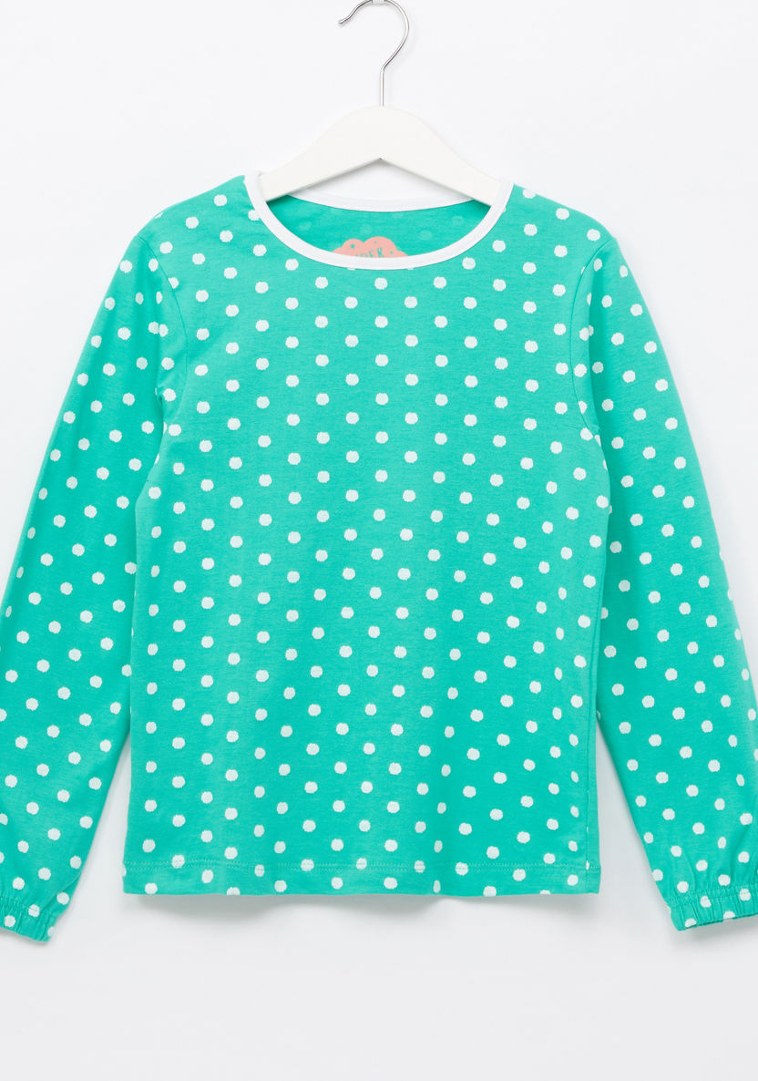 Juniors Polka Dot Printed Long Sleeves T-shirt and Pyjama Set-Clothes Sets-image-1