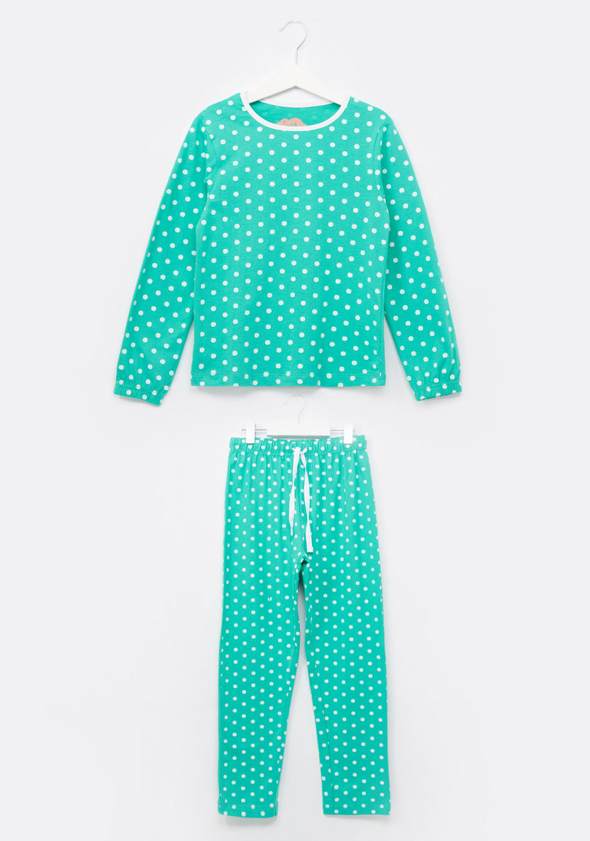 Juniors Polka Dot Printed Long Sleeves T-shirt and Pyjama Set-Clothes Sets-image-0